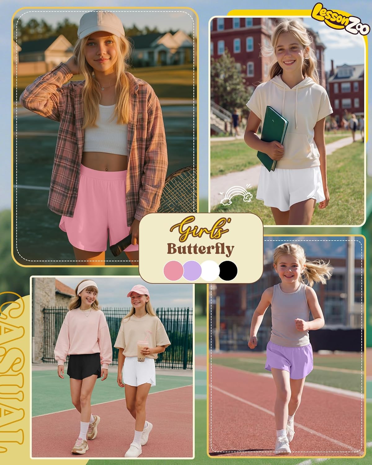 4 Pack Girls' Athletic Shorts Flowy Butterfly Skirts 2 in 1 Kids Quick Dry High Waist Running Shorts with Pockets