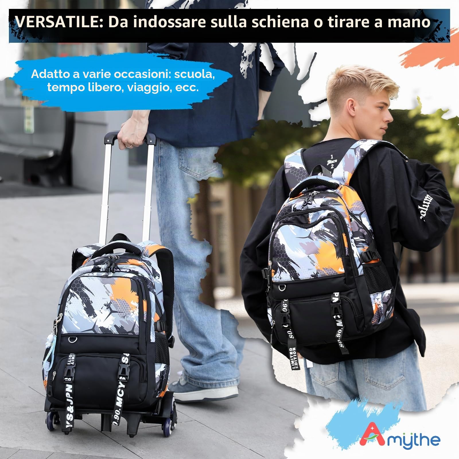 Amythe Zaino Scuola Trolley per Ragazzi Medie e Superiori 6 Ruote | 2 in 1 Zaino Casual con Ruote alla Moda per Bambini e Adolescenti, 16" Zaini con Rotelle per Ritorno a Scuola e Viaggi