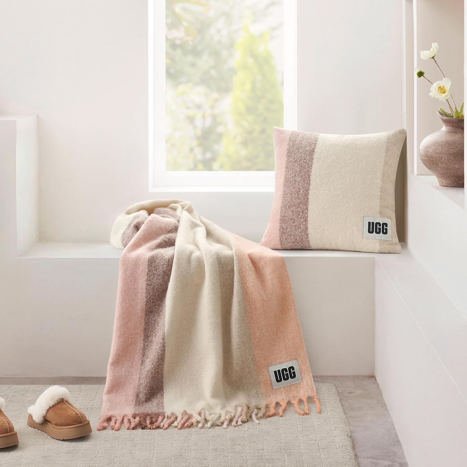 UGG Calyx Faux Mohair Throw Soft Fuzzy Blanket for Couch, Bed - Cute Cozy Decorative Apartment Decor or Dorm Room Essentials, Washable, 50" x 70", Ivory & Brown Striped (Pansy)