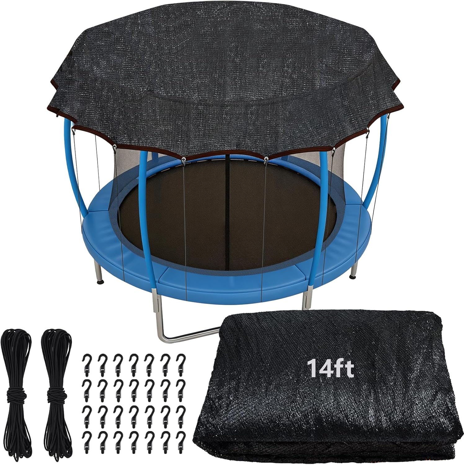 Trampoline Shade Cover 14FT Upgraded Round Trampoline Cover 90% Shading Ratio Black Trampoline Tent Top Cover with Elastic Cord and Plastic Hooks for Outdoor Backyard Playground