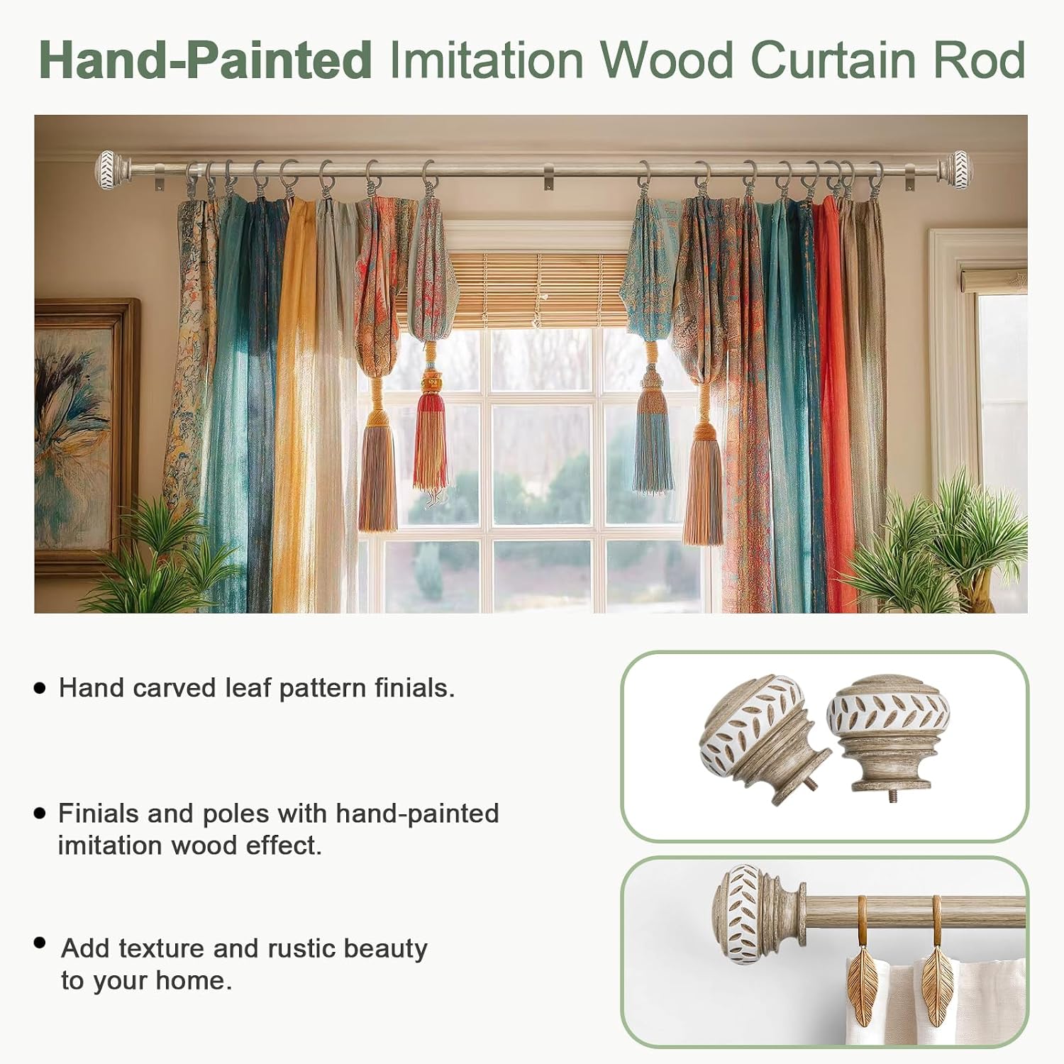 Adjustable Weathered Wood Curtain Rod 66-120 Inch, Classic Finials image 3