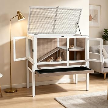 Aivituvin 2-Story Indoor Rabbit Hutch Guinea Pig Cage with Stand,WhiteBrown