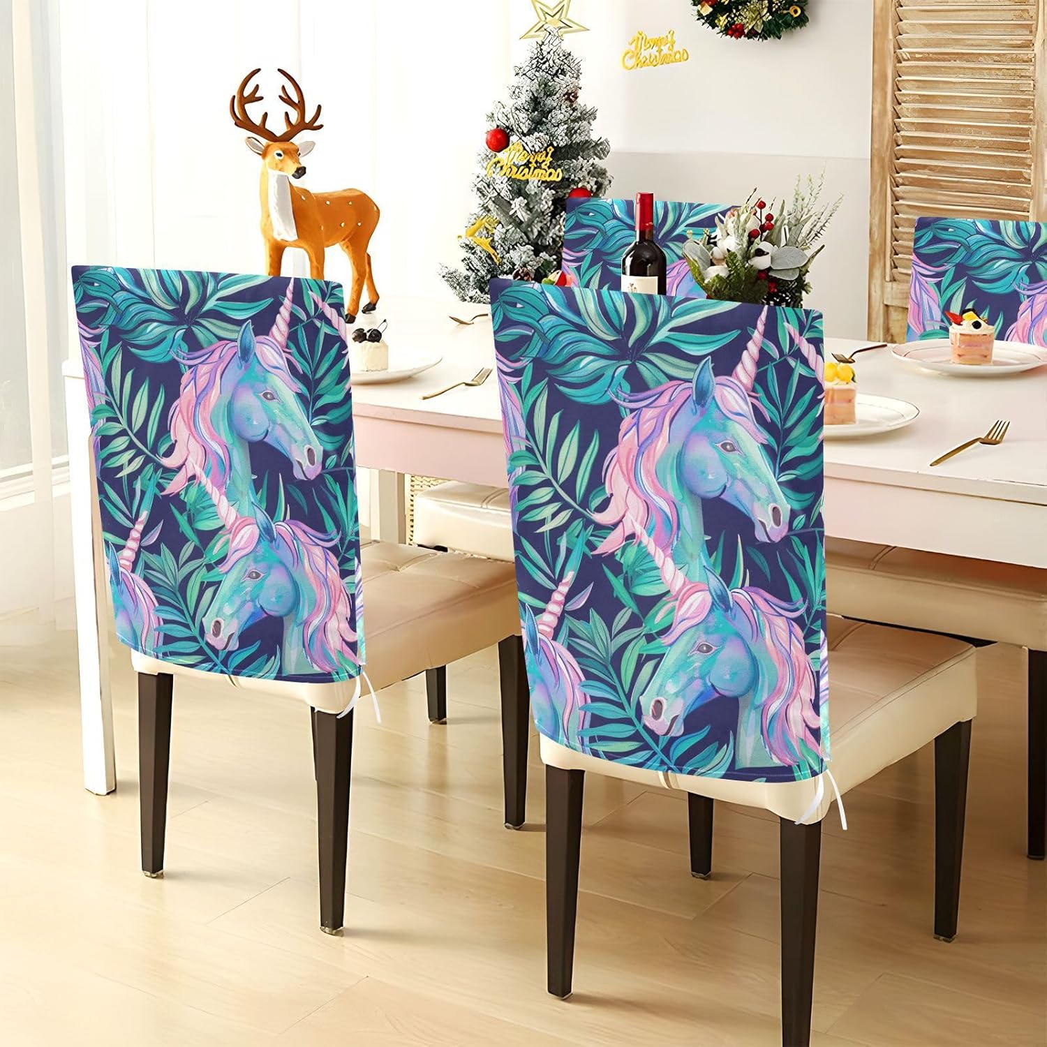 ALAZA Palm Leaves Unicorn Chair Back Cover Set of 6, Washable Reusable Removable Chair Slipcovers Decorative Chair Cover for Home Kitchen Wedding Party