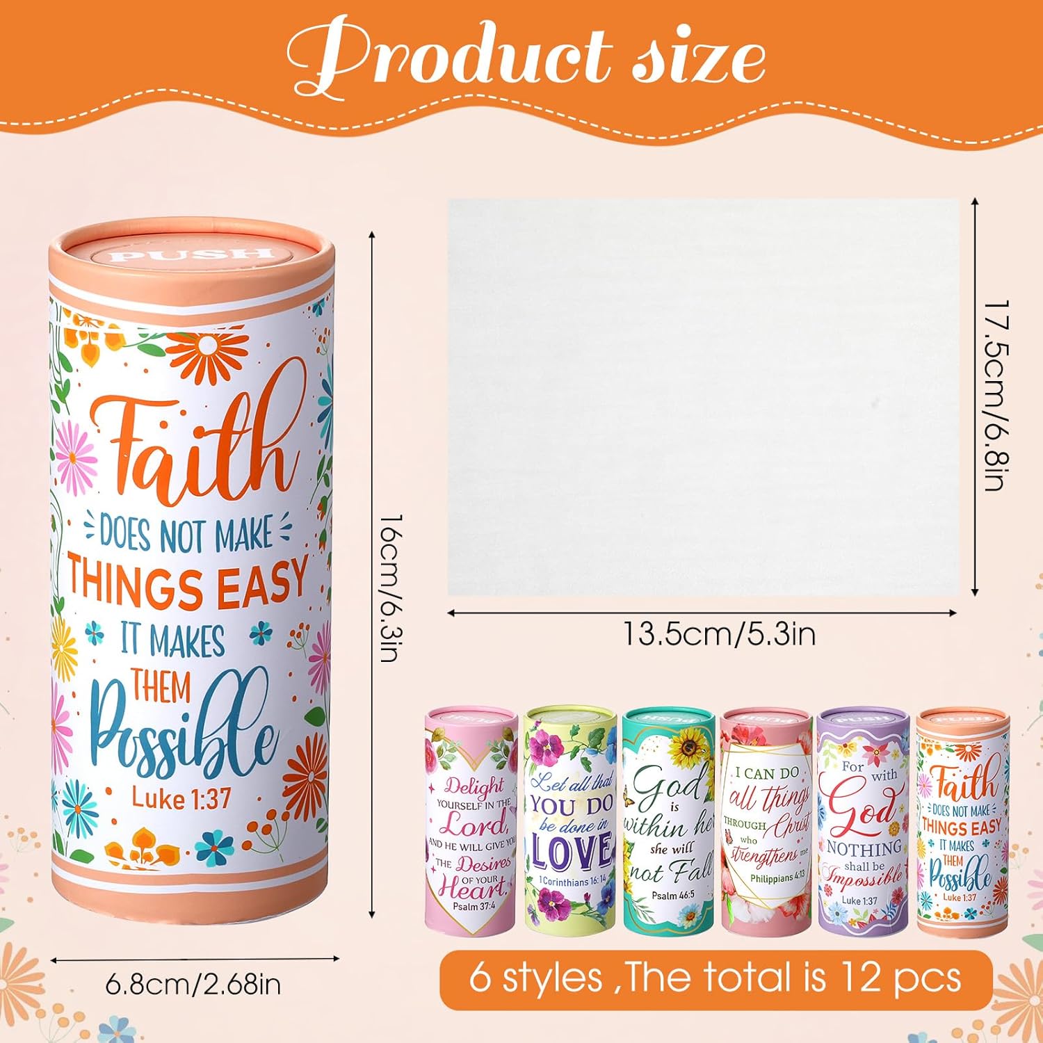 Outus 12 Pack Car Tissue Holder Cylinder, Decorative Round Tissue Box for Car Cup Holder, Refillable Facial Tissues with Floral Bible Verse Design for Home Office Travel
