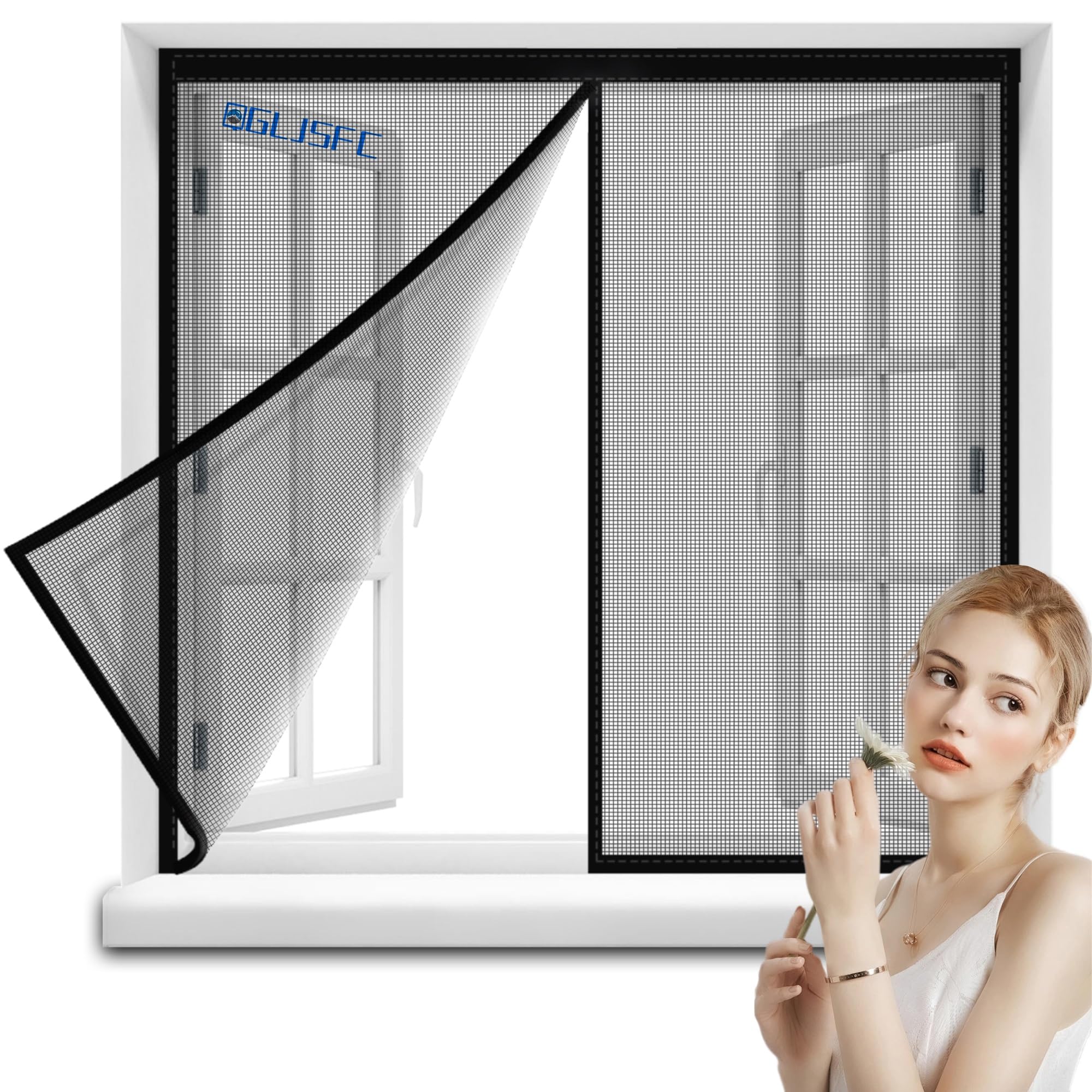 Qgljsfc Black Fly Screens For Window Magnetic Anti Mosquito Fly Curtain Window Screens Nets 55X100cm With Magnets & Bottom Weight Bar, Shuts Automatically