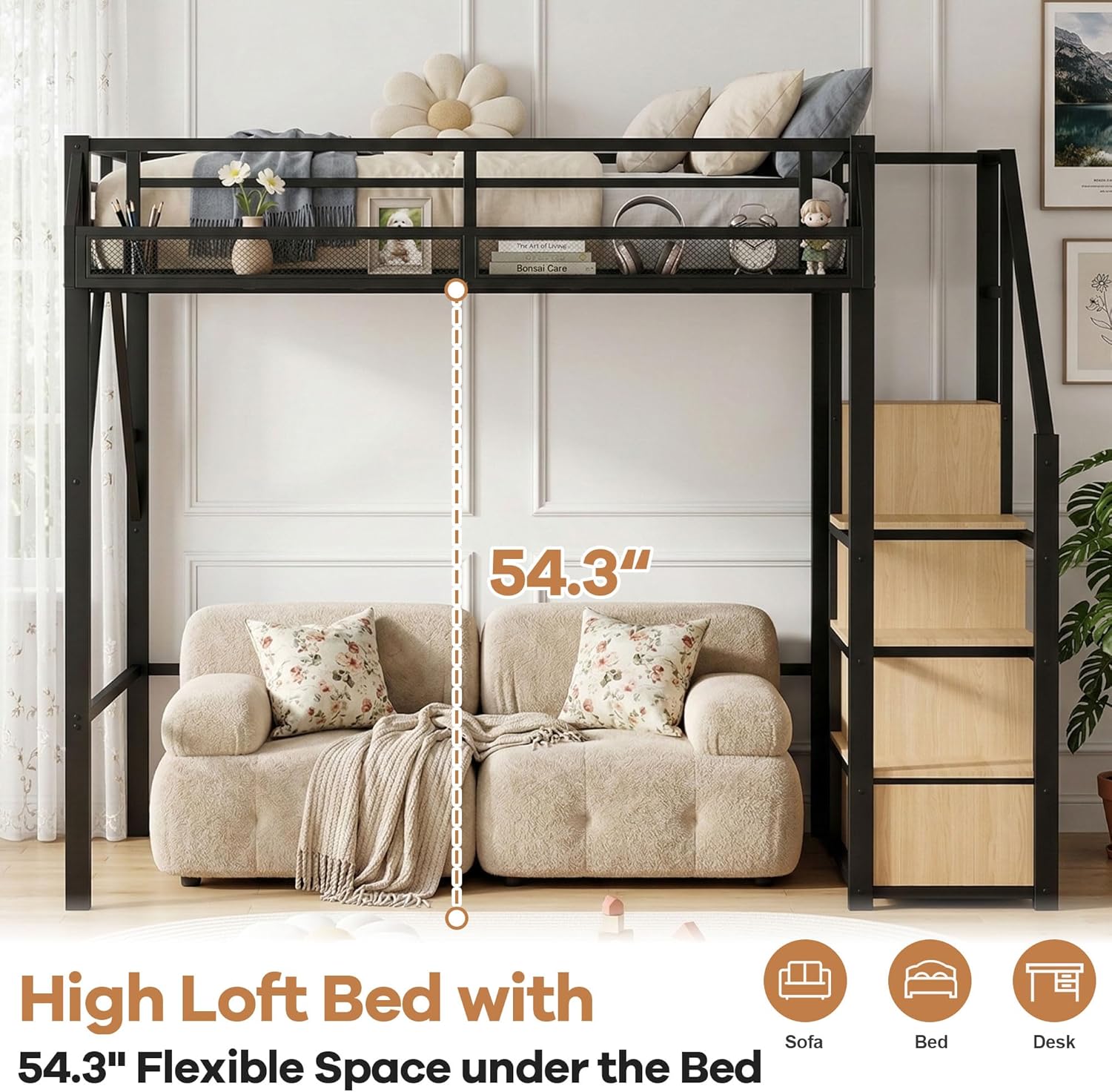 Loft Bed Full Size, Metal Loft Bed Frame with Stairs, Storage Shelves, Wardrobe, Heavy-Duty Noise-Free, Black