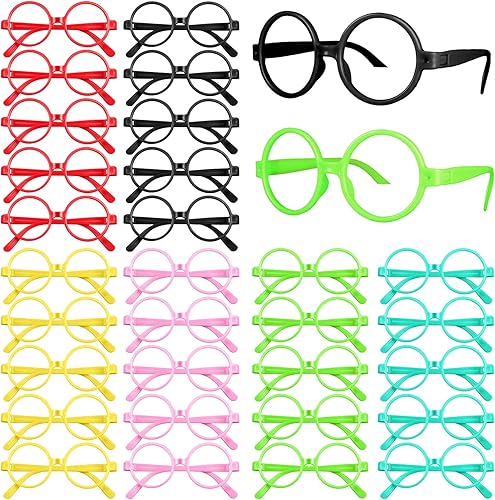 Flutesan 30 gafas de juego para niños a granel para fiestas de niños, gafas falsas coloridas de mago, gafas redondas, marco sin lentes para niños