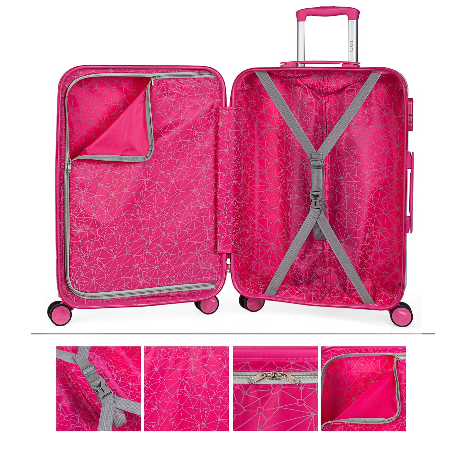 ITACA - Maleta Mediana rígida con 4 Ruedas giratorias, Cierre Seguro Candado de Combinación y diseño Resistente, Apta para 23 Kilos Viajes Largos y escapadas. con Neceser, Azul-Fucsia