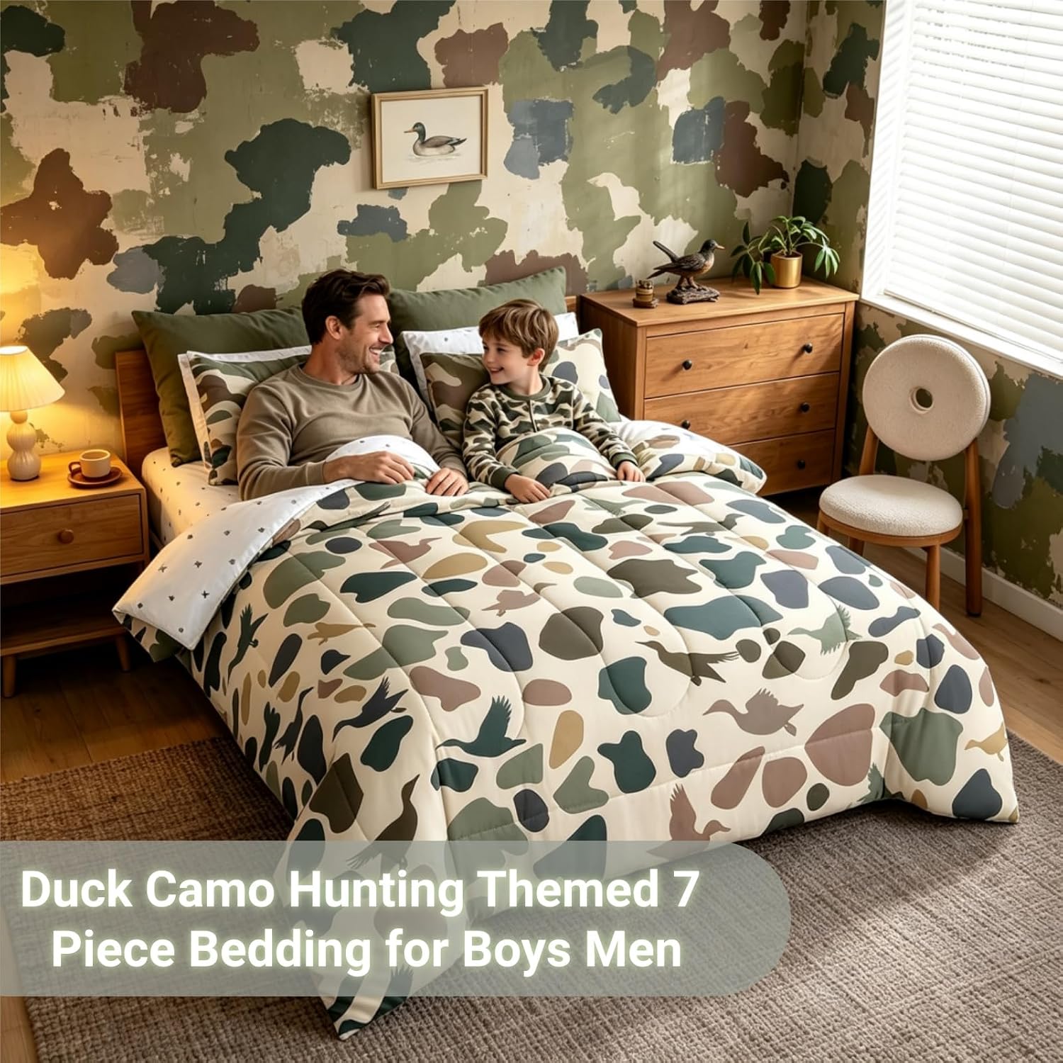 Erosebridal Duck Hunter 7 Pieces Bedding Set Vintage Wild Mallard Duck Queen Comforter Set with Sheets for Boys Girls Kids Room Decor Army Camouflage Rustic Hunting Bed in A Bag Bed Set,Cream Green