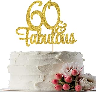 Gold Glitter 60 & Fabulous Cake Topper - 60th Birthday Party Decoration Sign - Adult Birthday Party Supplies