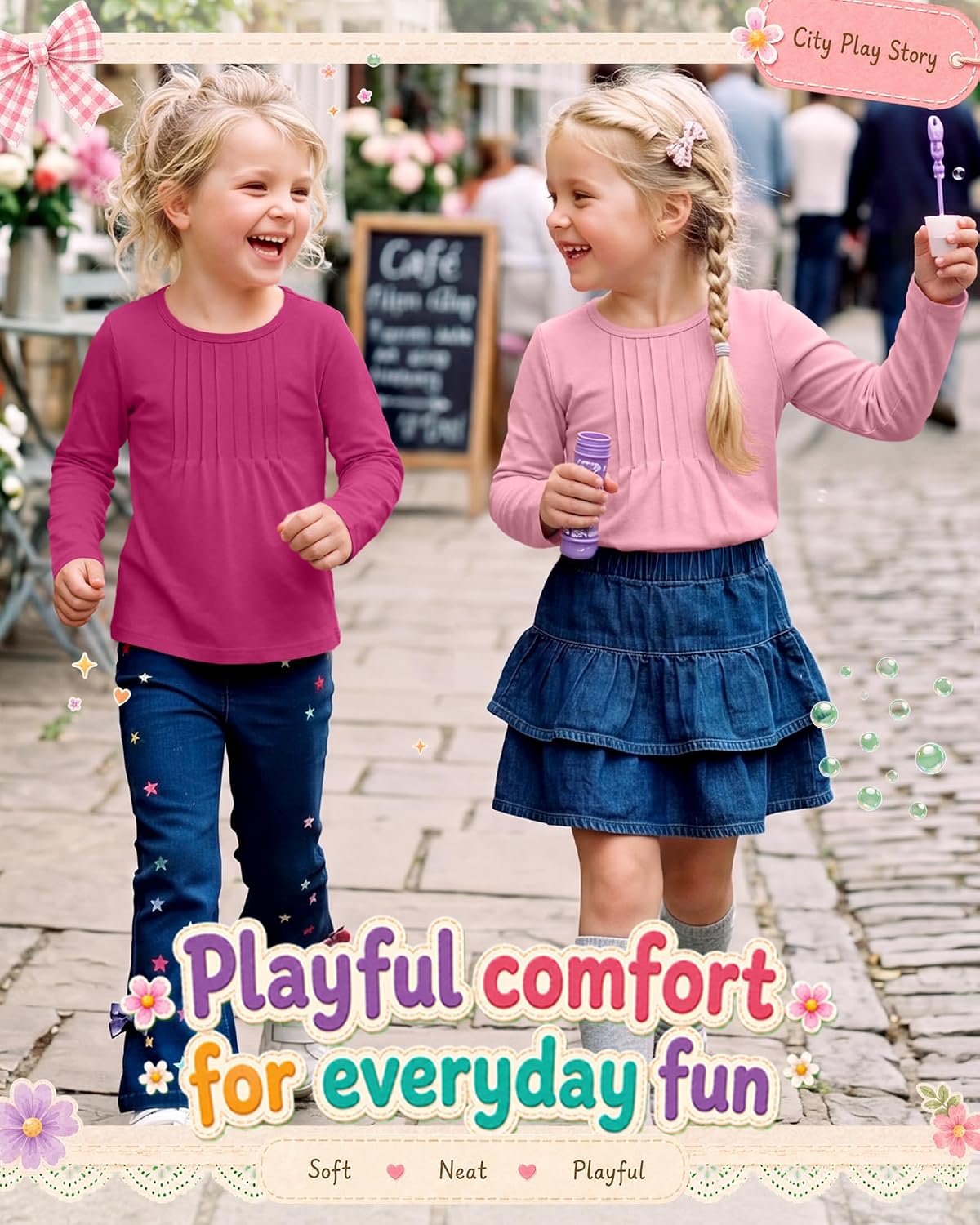 2 Pack Toddler Girl Long Sleeve Shirts Kids Pleated Crew Neck Loose Blouse Basic Casual Cute Tops 18M-5T