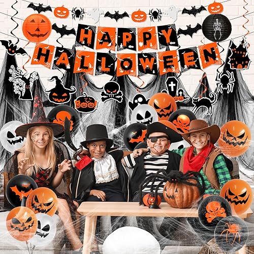 Miniatura 4 de Decoraciones de Halloween, decoraciones de fiesta de Halloween naranja y negro, remolinos colgantes, pancarta de araña de fantasma y murciélago,