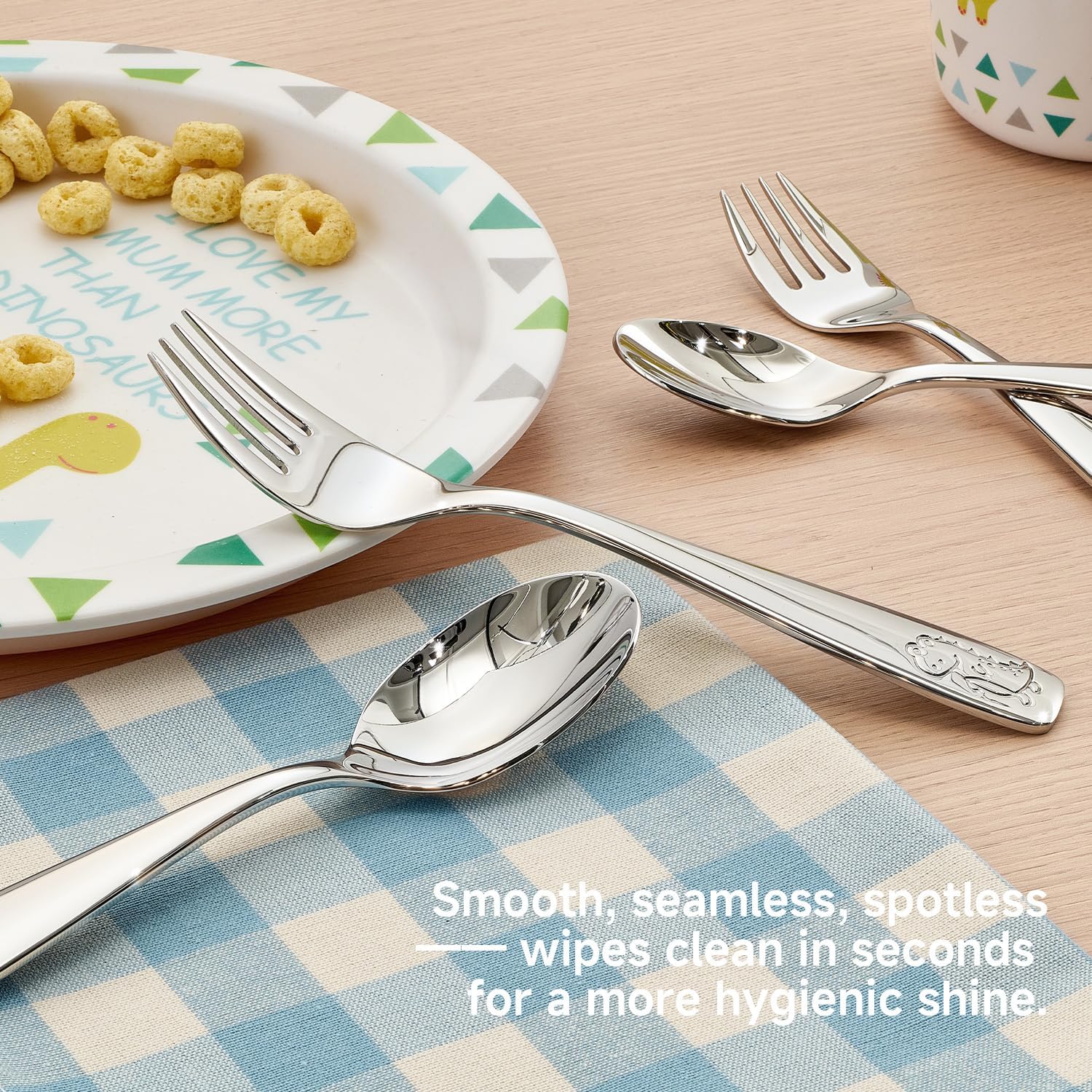 KINGSTONE Toddler Silverware Set, 12 Pieces Kids Utensils - 6 Forks & 6 Spoons, 18/10 Stainless Steel Food-Grade Kids Flatware, Cute Dinosaur Engraved, Dishwasher Safe for Home & Daycare Use