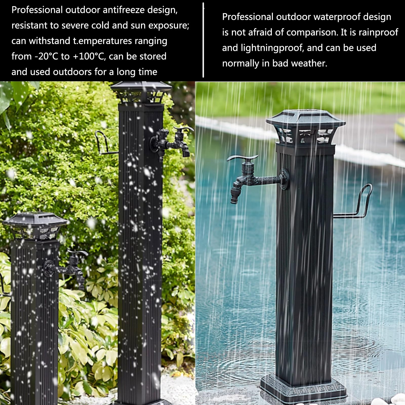 Genérico Columna de Agua Exterior con Doble Grifo – Dispensador de Agua Vertical para jardín, Grifo Exterior con energía Solar para Patio, jardín y terraza.