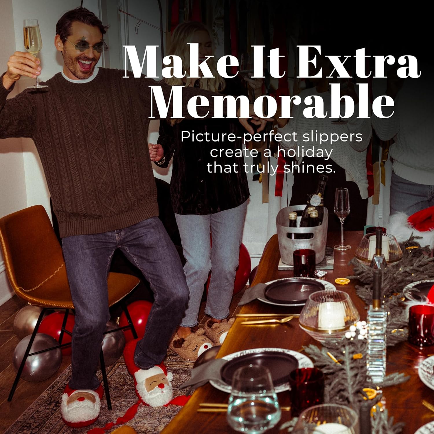 Dearfoams Unisex Adult Holiday Christmas Gift Family Matching Santa Reindeer Teddy Bear Plush Memory Foam Slippers - Image 5