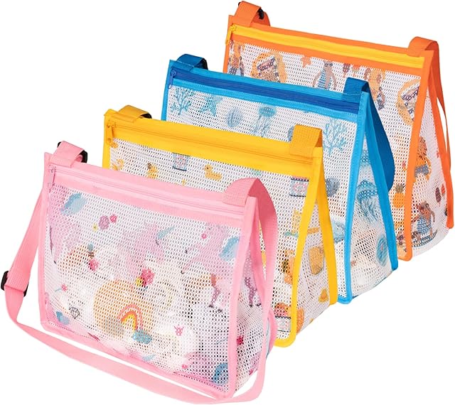 JOTO Seashell Beach Mesh Bags Kids Shell Collecting Shelling Bag, Sand Toys Totes Sea Shells Holder for Adults with Zipper Adjustable Straps- 4 Pack,Colorful Prints