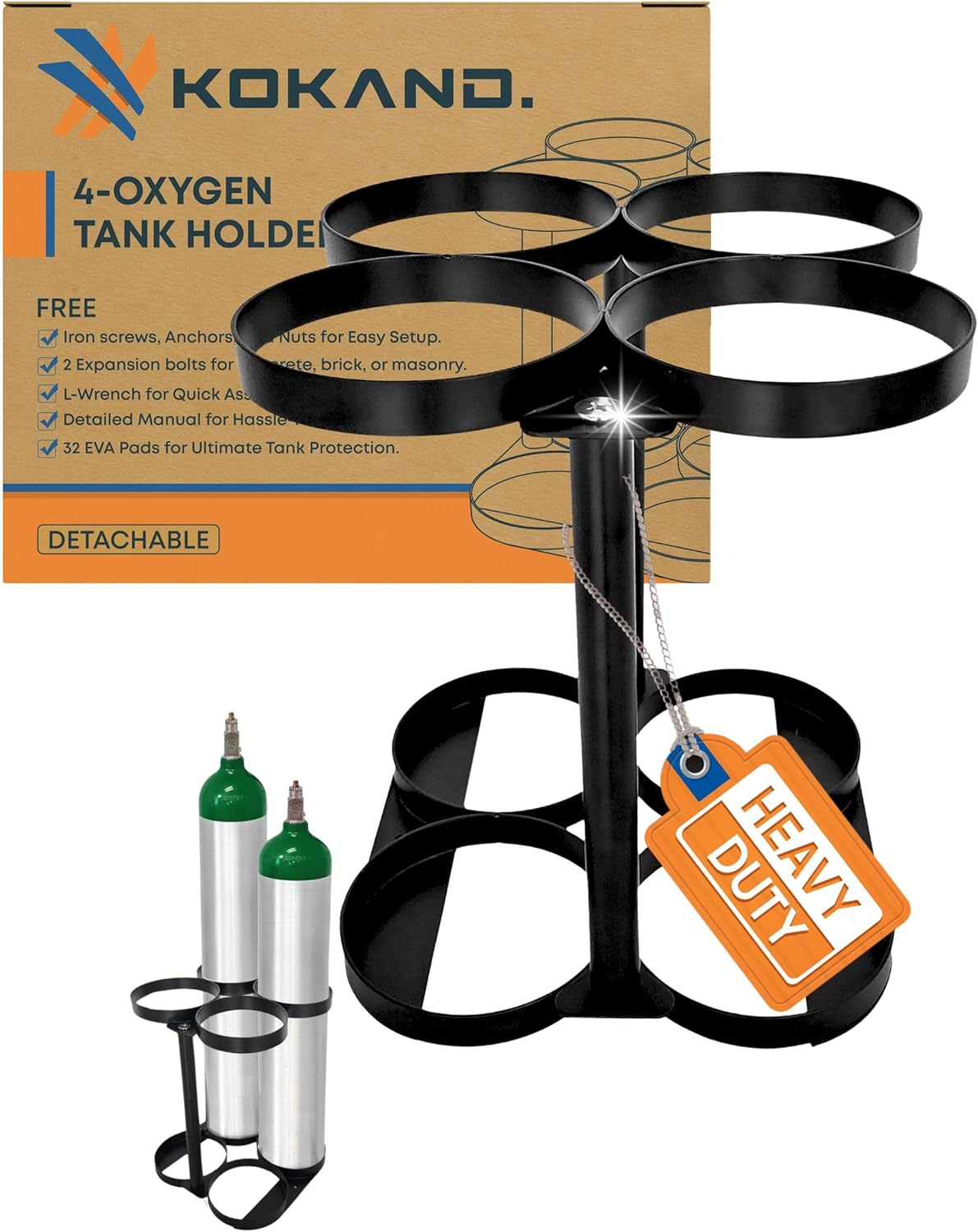 Premium Quality Detachable Oxygen Tank Holder (4) for E, D, M9/C Size Cylinders - Heavy Duty Metal Storage Rack - Portable Oxygen Tank Carrier for Travel & Vehicle Use (Black) (4.5" Wide Slots)