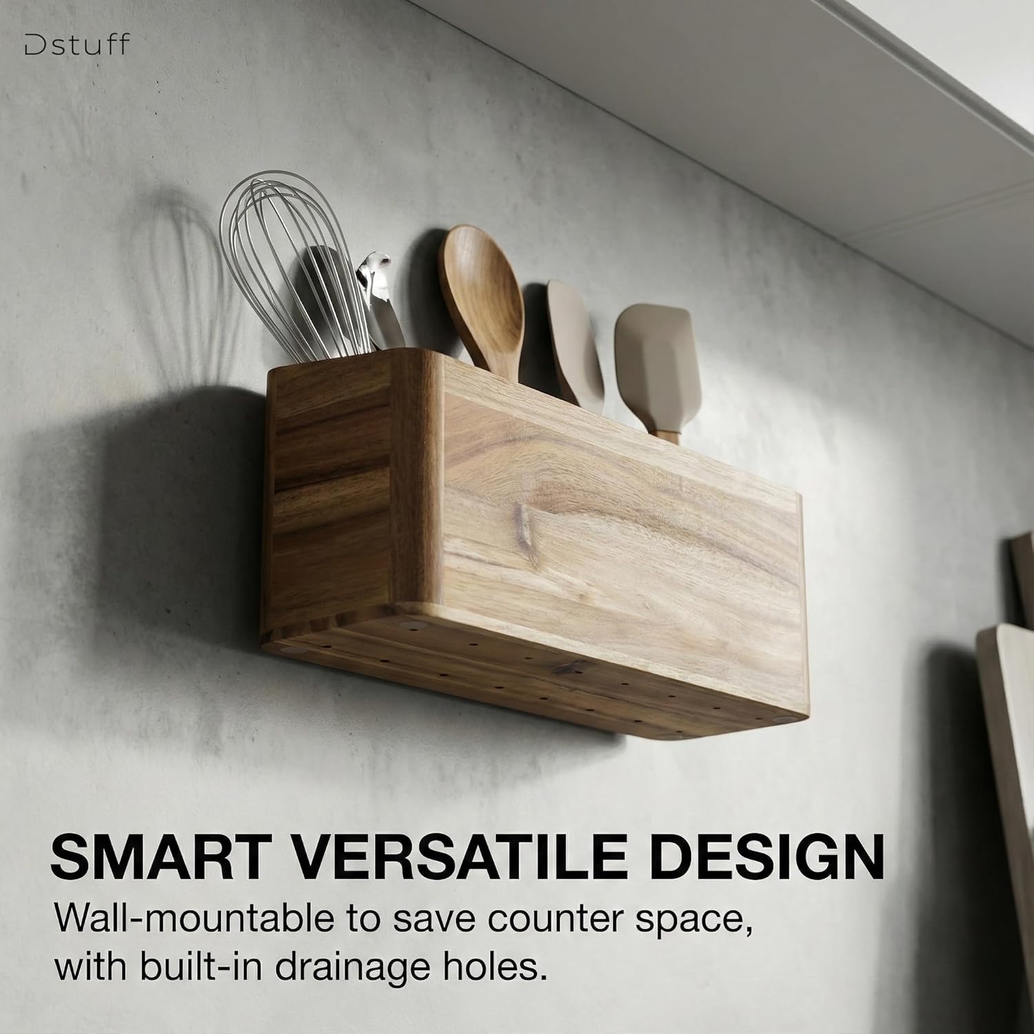 Dstuff Large Kitchen Utensil Holder Organizer for Counter or Countertop, Wooden Storage Container for Cooking and Silverware, Acacia Rustic Wood (4 Compartments)
