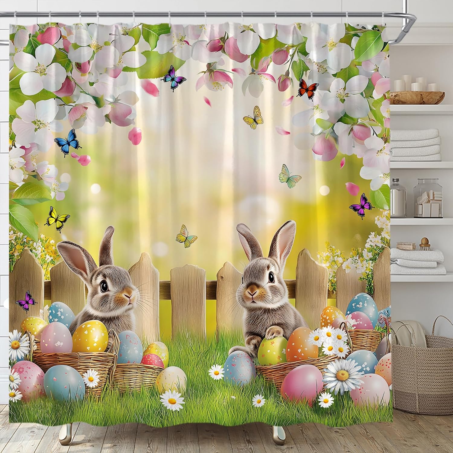 Easter Rabbit Shower Curtain Spring Bunny Eggs Garden Flower Butterfly Nature Farmhouse Rustic Festival Home Fabric Bathroom Decor Set Include Hooks,(70" Wx74.8 H)