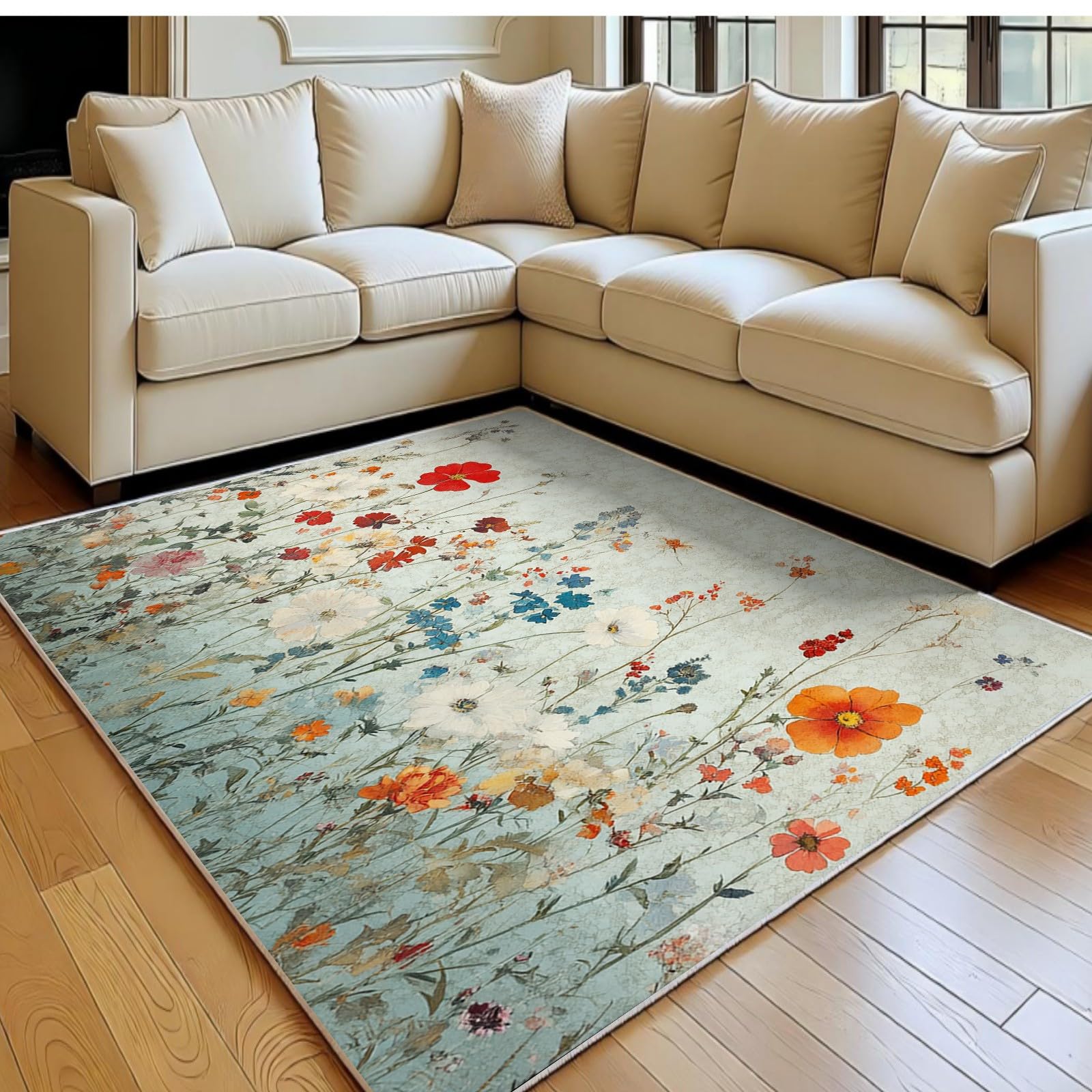 Tapis de salon 120 x 180 cm gris-vert imprimé fleurs sauvages pour chambre