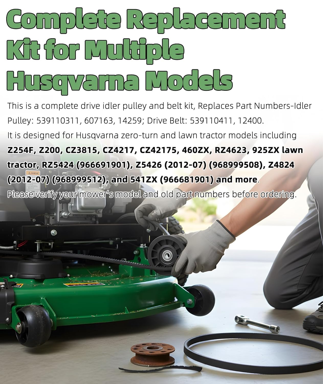 539110311 & 539110411 Drive Idler Pulley and Belt Kit Replacement for Husqvarna Z254F Z200 RZ4623 Lawn Mowers - Replaces 607163 14259 12400