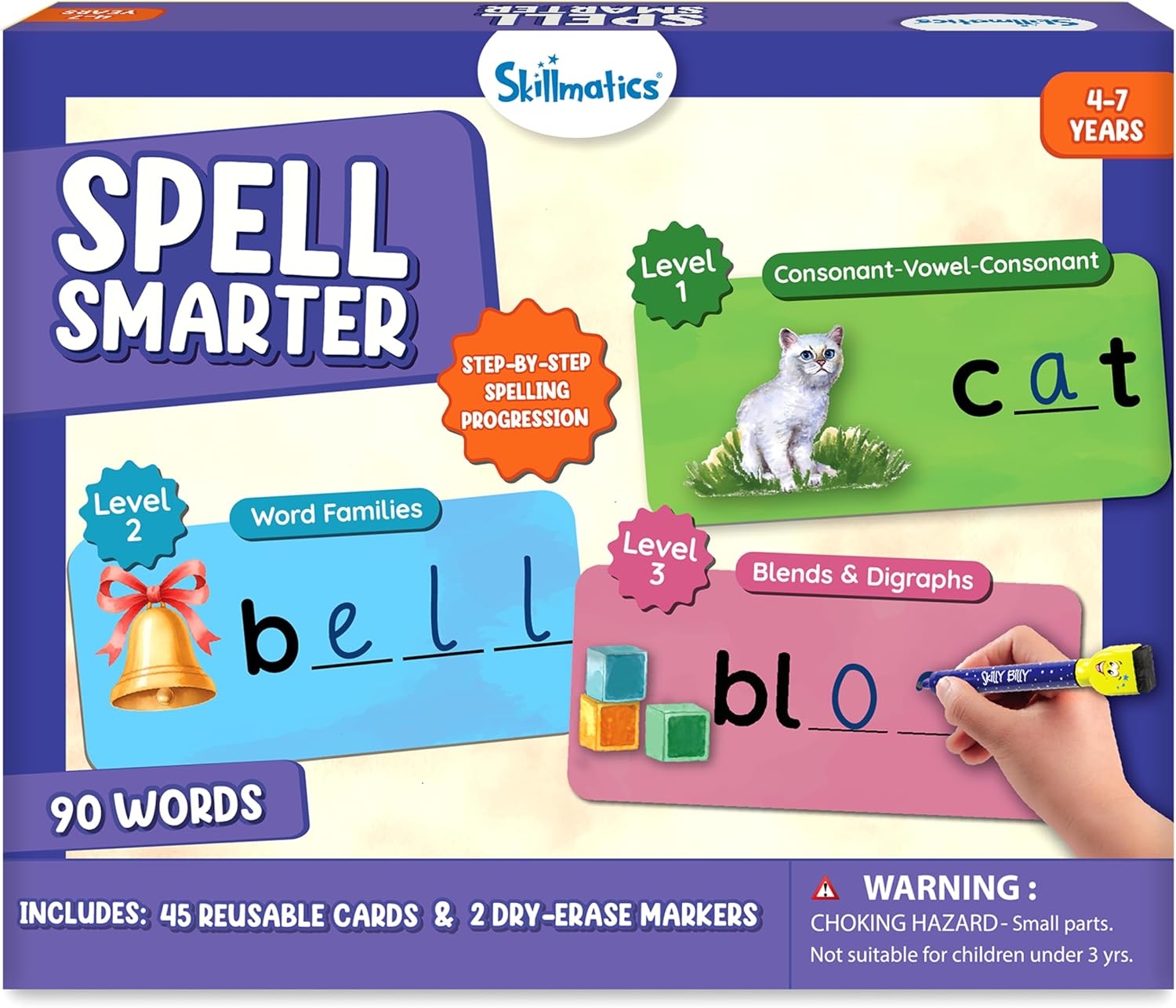 Skillmatics Learning Activity – Spell Smarter, Spelling & Phonics Write & Wipe Cards, Progressive Literacy Practice, Preschool Learning Kit, Educational Gift for Kids Ages 4, 5, 6, 7