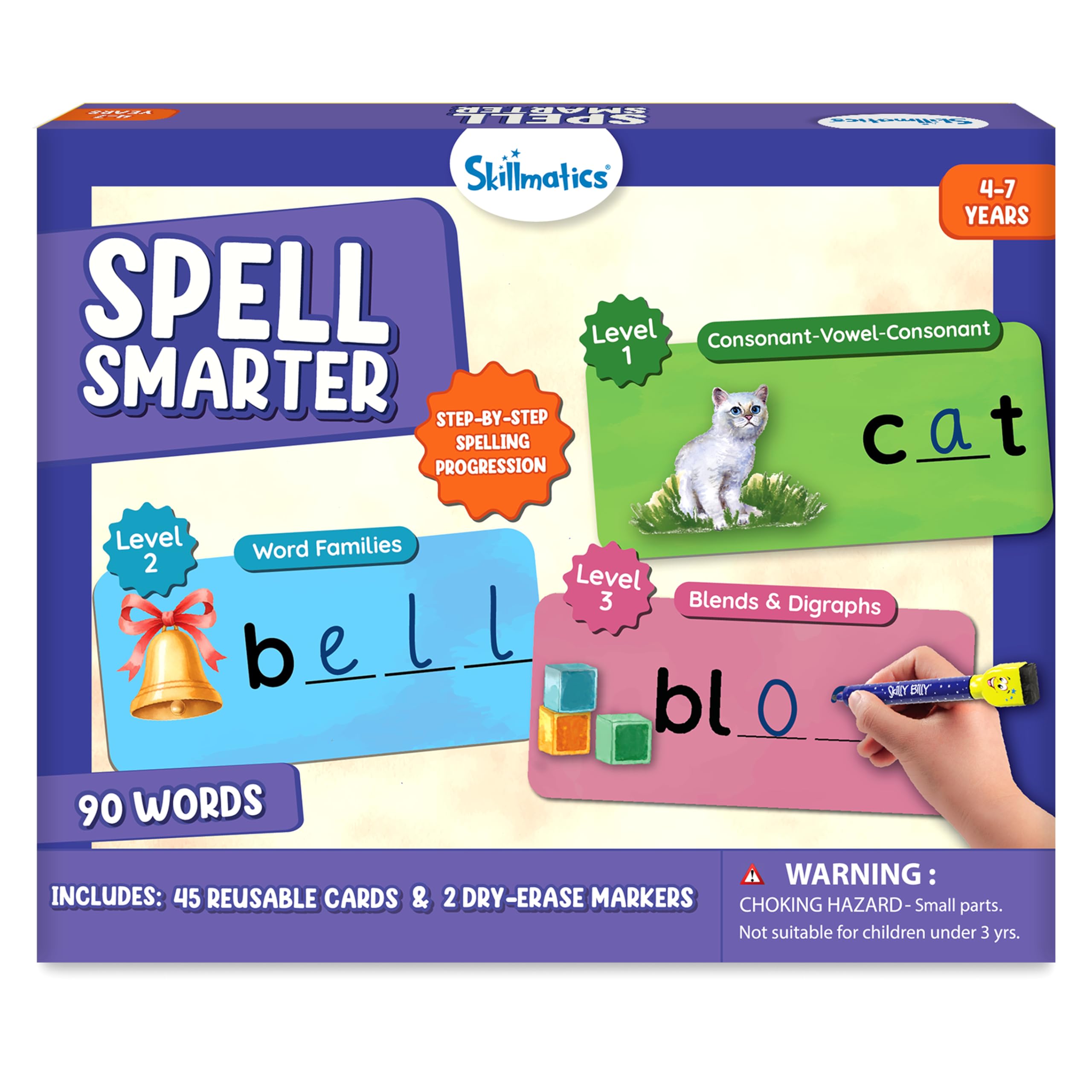 Skillmatics Spell Smarter – Phonics & Spelling Write and Wipe Flashcards, Learn to Read with CVC Words, Blends & Digraphs, Preschool Kindergarten Homeschool Activity, Gift for Kids Ages 4, 5, 6, 7
