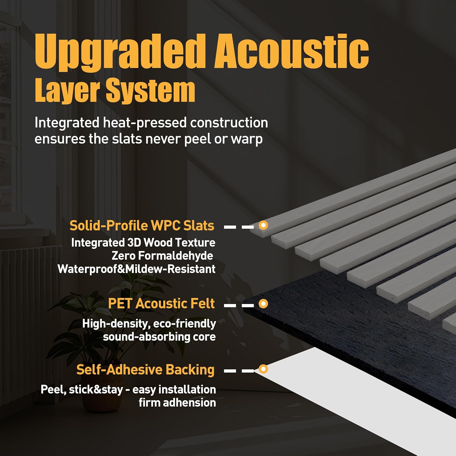 Peel & Stick Acoustic Wood Slat Wall Panels – 23” × 23” 3D Wood-Grain Soundproof Panels, 4 Pack – Waterproof Decorative Noise-Reducing Wall Panels for Home Office & Studio (Graphite Gray)