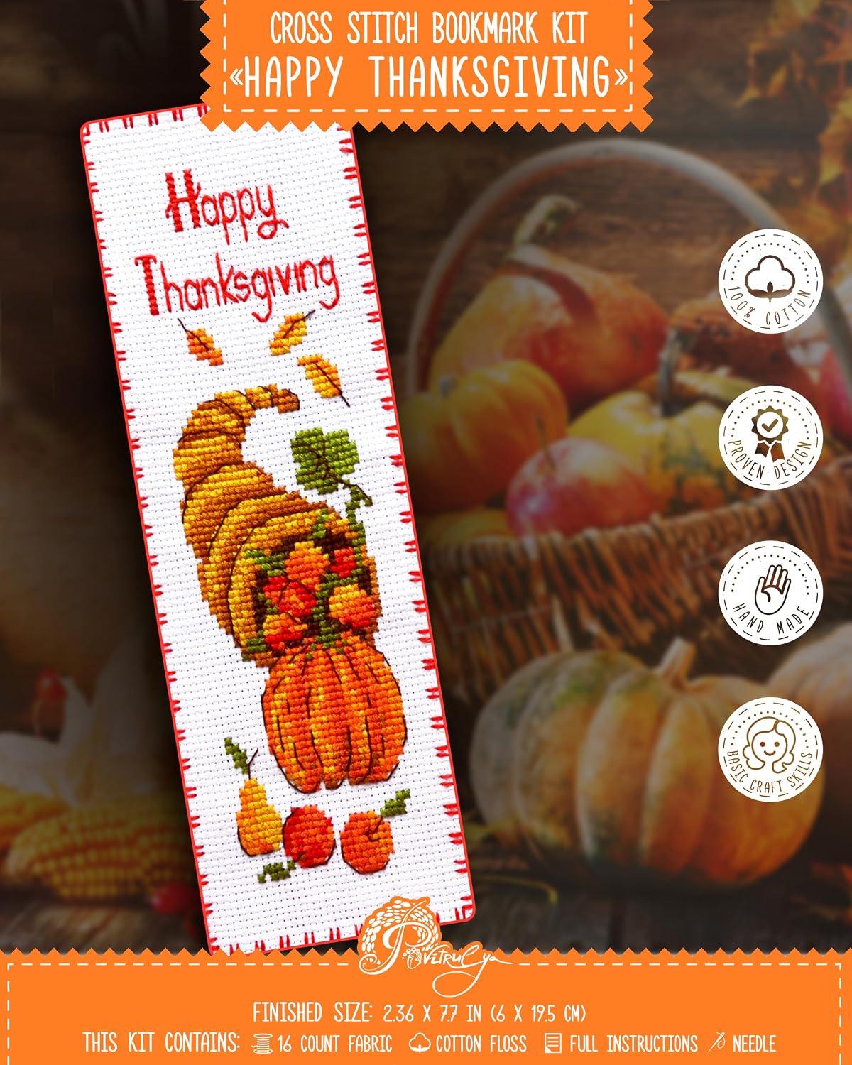 Povitrulya Counted Cross Stitch Bookmark Kit Happy Thanksgiving- DIY Embroidery Set for Adults image 2