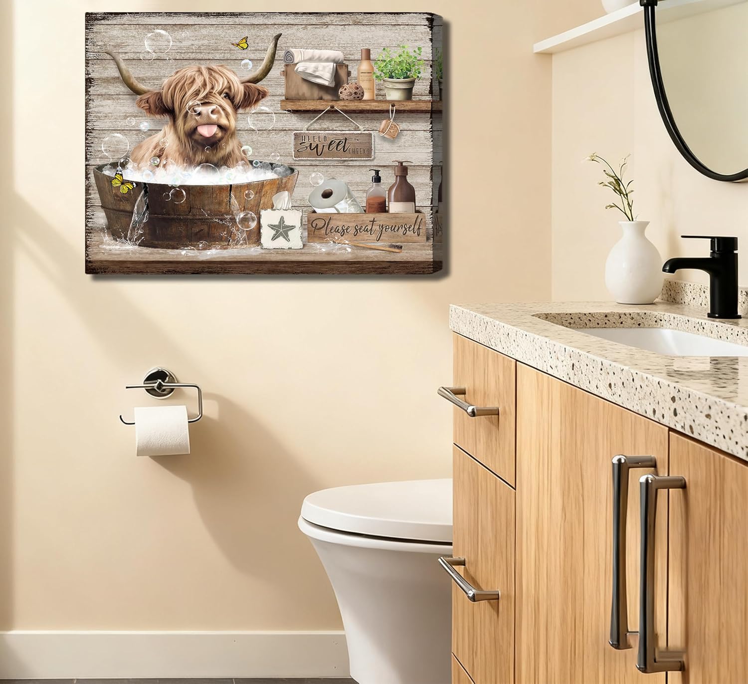 Highland Cow Canvas Bathroom Wall Art Funny Rustic Farmhouse Cow Painting Picture Wall Decor Brown Cute Animal In The Bathtub Poster Print Artwork for Bathroom Restroom Home Decoration 16inx24in