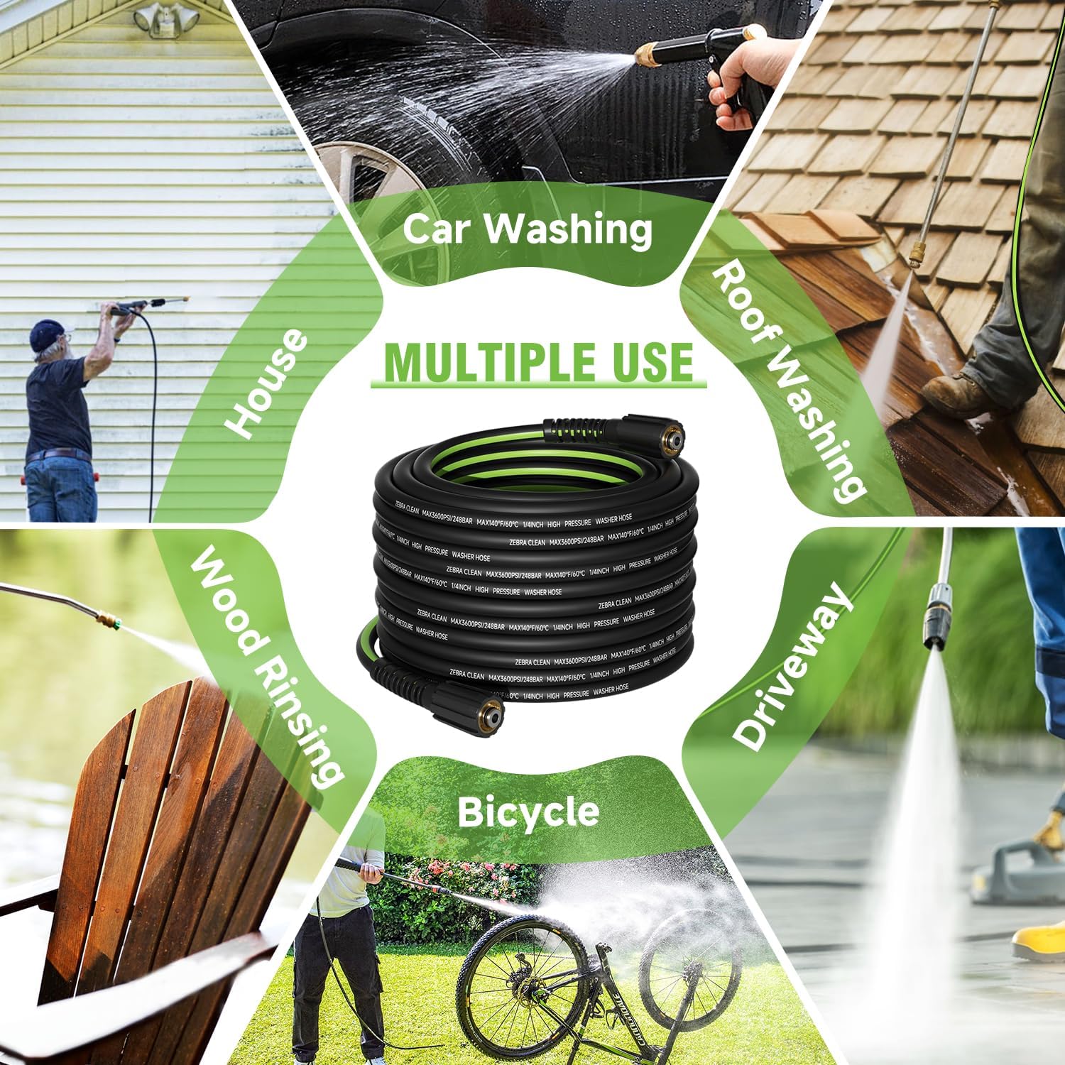 Pressure Washer Hose 100 FT x 1/4''，3600 PSI Kink Resistant Power Washer Hose Replacement– Universal Electric Power Washer Hose with Leak-Free M22 Female and 3/8" Quick Connection Kit