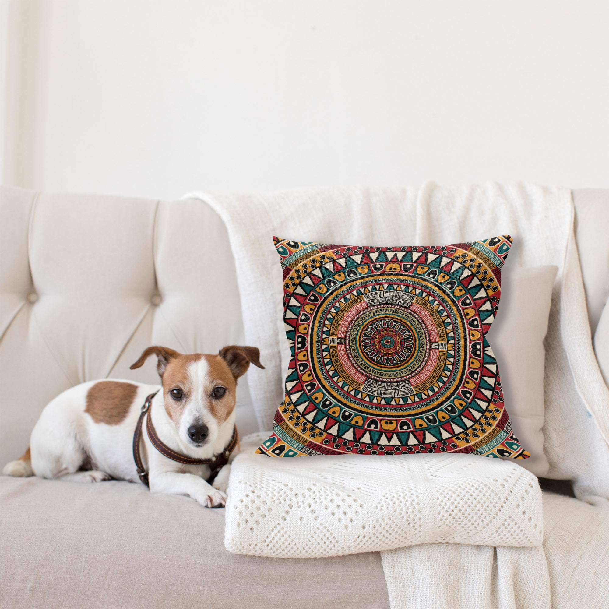 Ambesonne Tribal Throw Pillow Cushion Cover, Folkloric Tribe Round Pattern Colors Aztec Art, Decorative Square Accent Pillow Case, 16" X 16", Mustard Jade