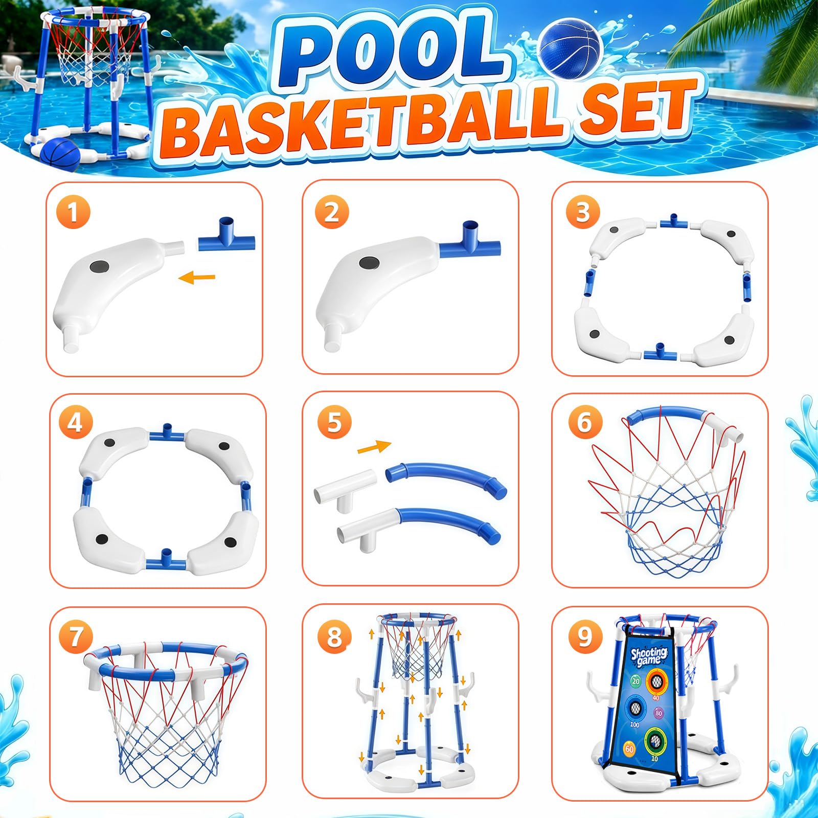 Sternstunde Pool Basketballkorb Kinder mit 4 Basketballs, 12 Wurfringen, 12 Klebebällen und 2 Veloursstoffen, Wasserspielzeug Kinder Outdoor & Pool Spielzeug