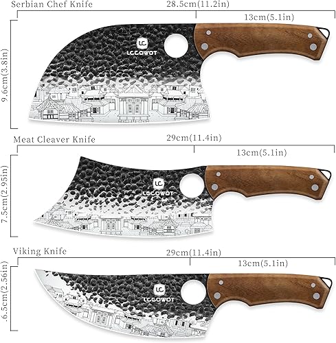 Miniatura 3 de Set de 3 cuchillos de carnicero, incluye cuchillo de carnicero de 17,8 cm, cuchillo de chef serbio de 17,8 cm y cuchillo vikingo de 16,5 cm, juego