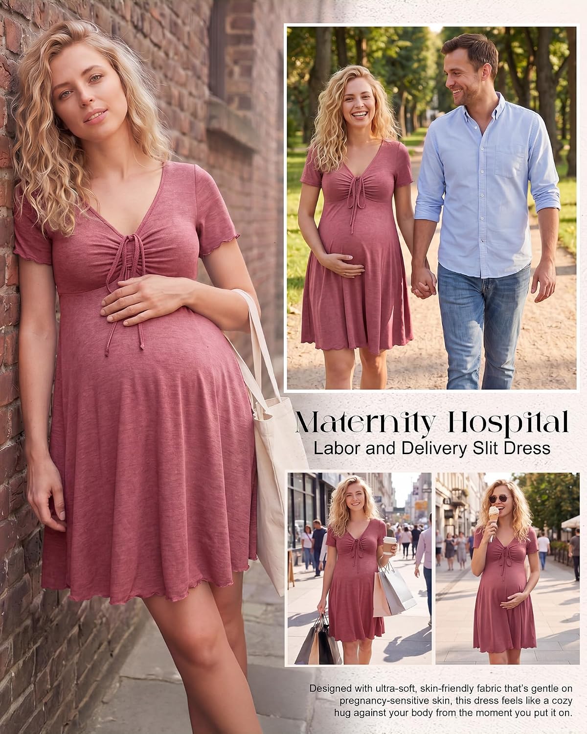 Cutecrop Women Maternity Dress 2026 Summer V Neck Short Sleeve Dress Trendy Casual Flowy Drawstring A Line Pregnant Clothes(Burgundy,XL)