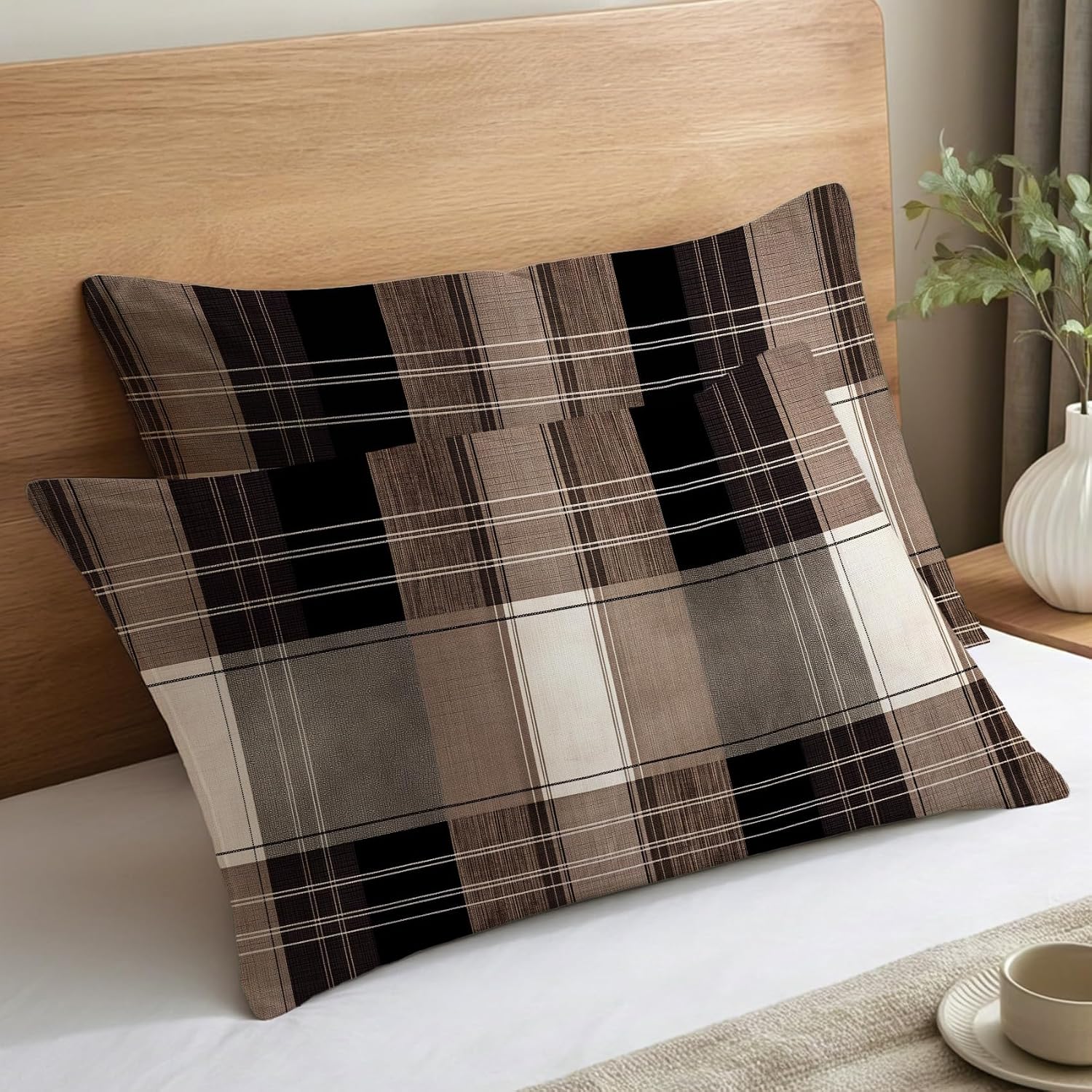 Tartan Pillow Cases King Size Set of 2 - Soft Breathable Microfiber Pillowcases with Envelope Closure, Rustic Brown Buffalo Plaid Patterned Pillow Covers, Buffalo Check Decor