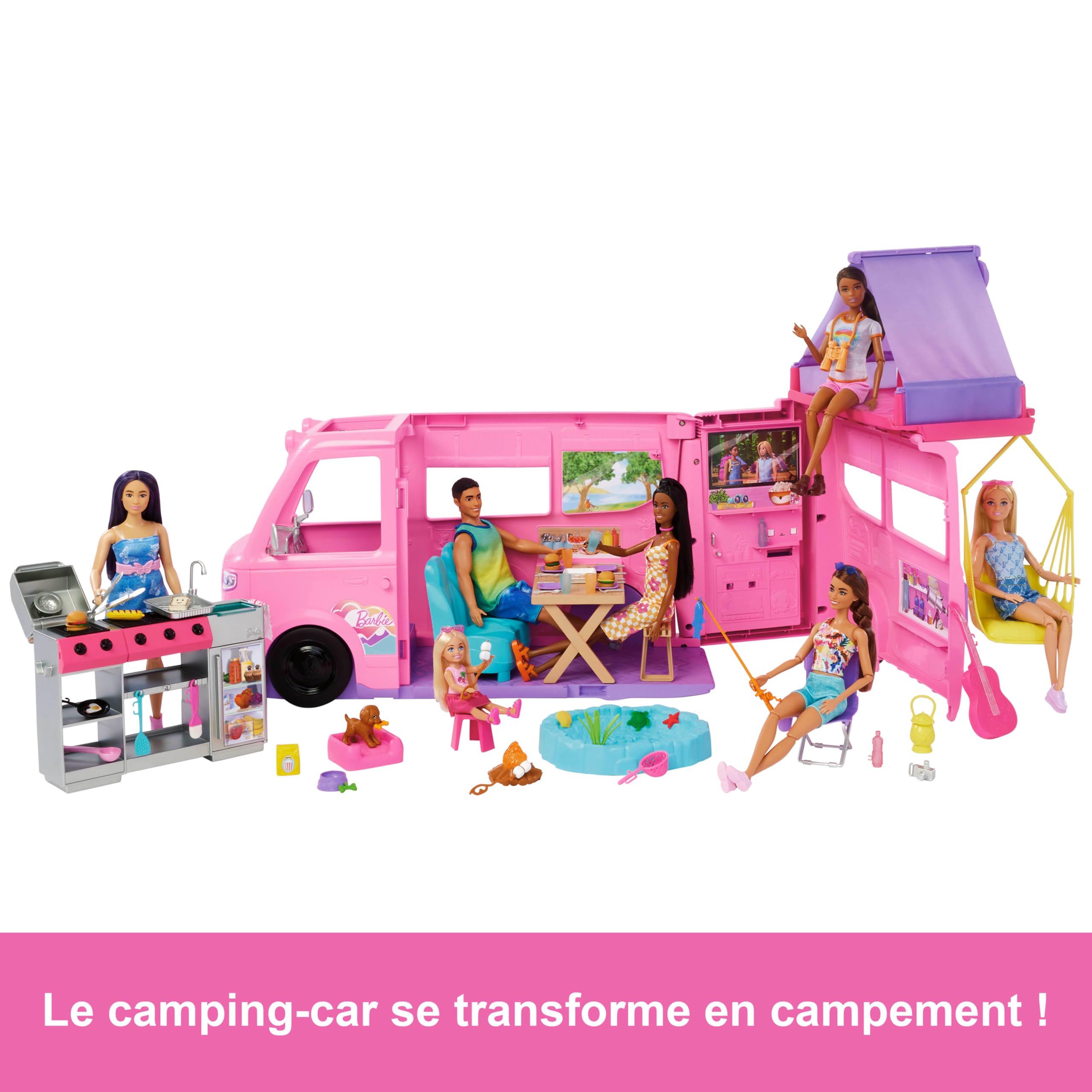 Barbie Coffret Camping-Car de Rêve avec Tente sur Le Toit, balançoire, Bassin pour la pêche, Barbecue-Grill avec Fonction Changement de Couleur et Plus de 60 Accessoires, HRJ78