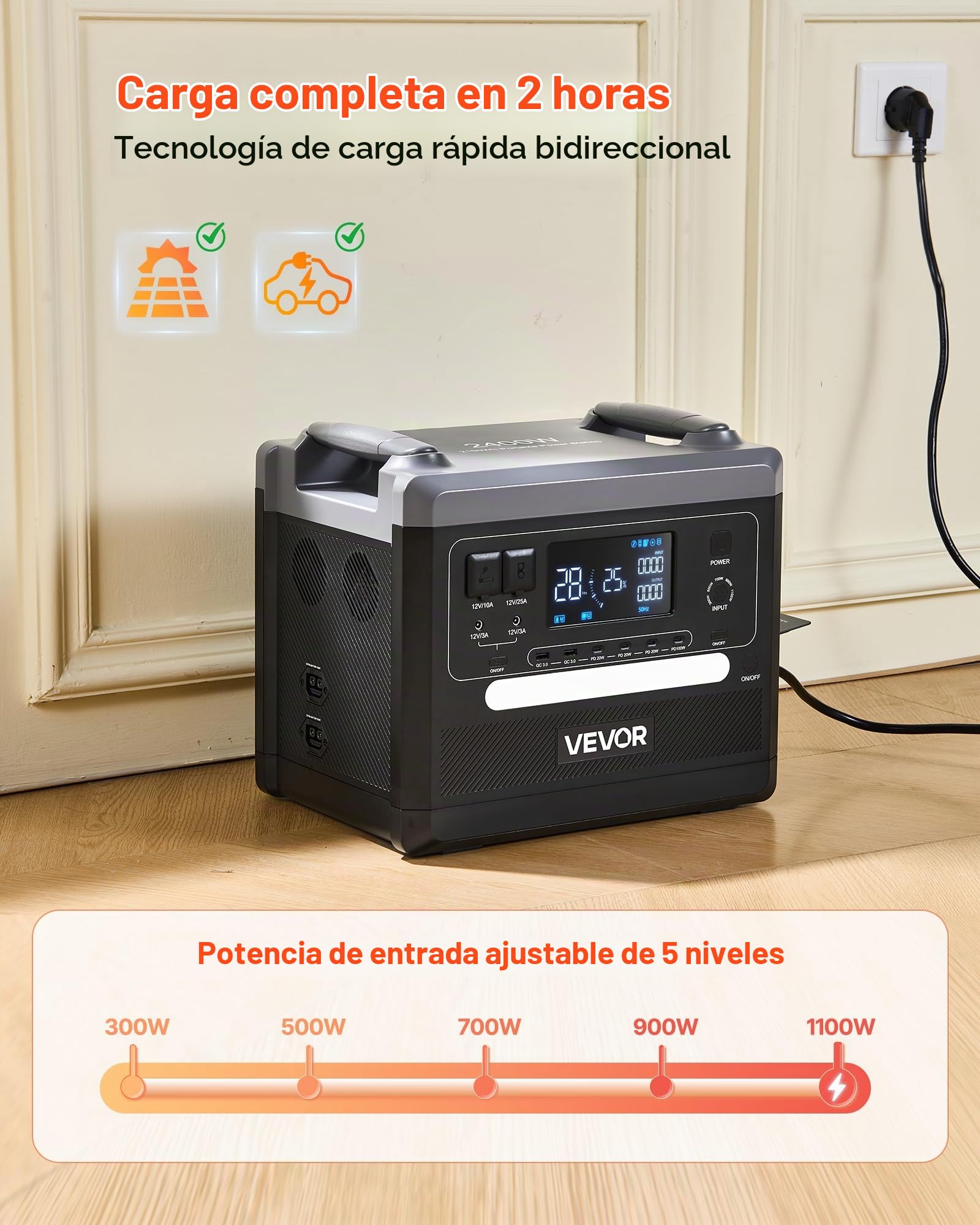 VEVOR Estación de Energía Portátil 2160 Wh, Generador Solar 2400 W, para Camping, Vehículos y Actividades de Ocio, 10 Puertos de Salida, Potencia de Entrada Ajustable, Panel Solar no Incluido