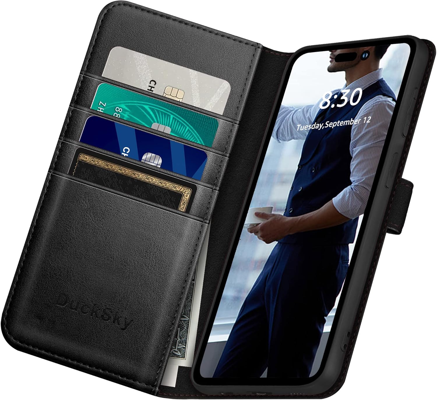 DuckSky for iPhone 14 Pro Max 6.7" Genuine Leather Wallet case【RFID Blocking】【4 Credit Card Holder】【Real Leather】 Flip Folio Book Protective Cover Women Men for Apple 14 ProMax 5G Phone case Black