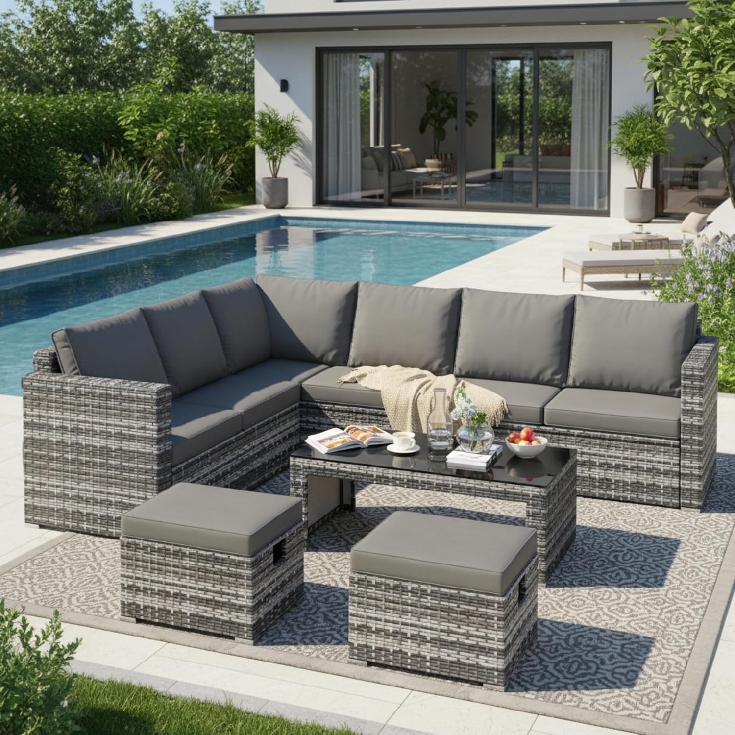 LTGB Rattan Garden Furniture Set, Patio Lounge Set, All Weather Wicker, 8 Seater Rattan Sofa Outdoor Furniture with Coffee table 2 stools, Outdoor Garden Balcony Conservatory