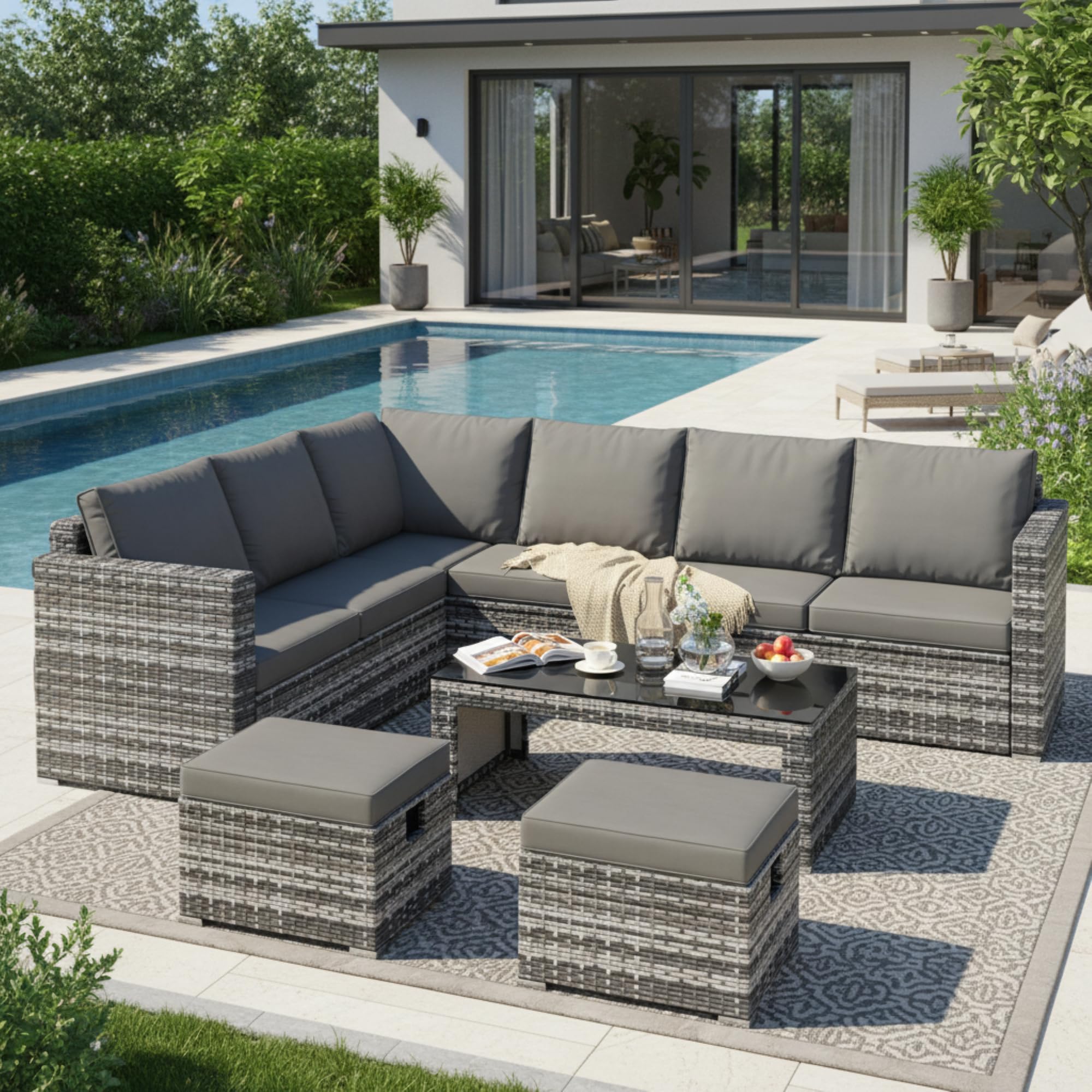 LTGB Rattan Garden Furniture Set, Patio Lounge Set, All Weather Wicker, 8 Seater Rattan Sofa Outdoor Furniture with Coffee table 2 stools, Outdoor Garden Balcony Conservatory