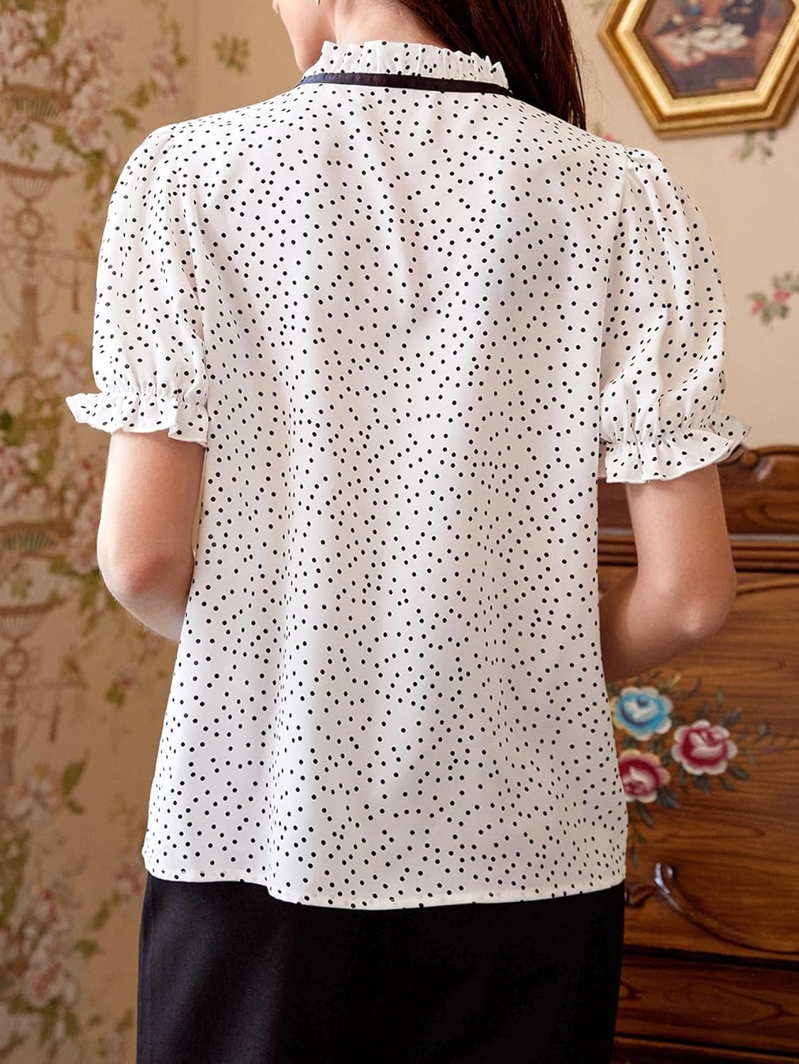 Floerns Women's Polka Dots Bow Tie Neck Blouse Ruffled Collar Puff Short Sleeve Casual Top - Image 2