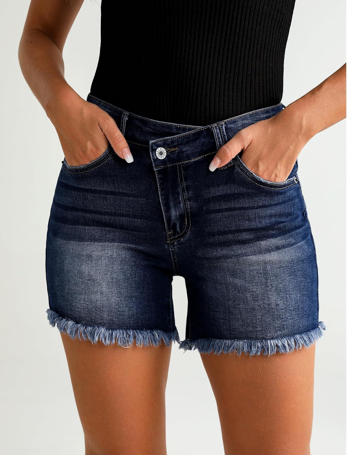 luvamia Jean Shorts for Women Mid Rise Trendy Stretchy Crossover Waist Denim Shorts Raw Hem Casual Summer Pockets - Image 2