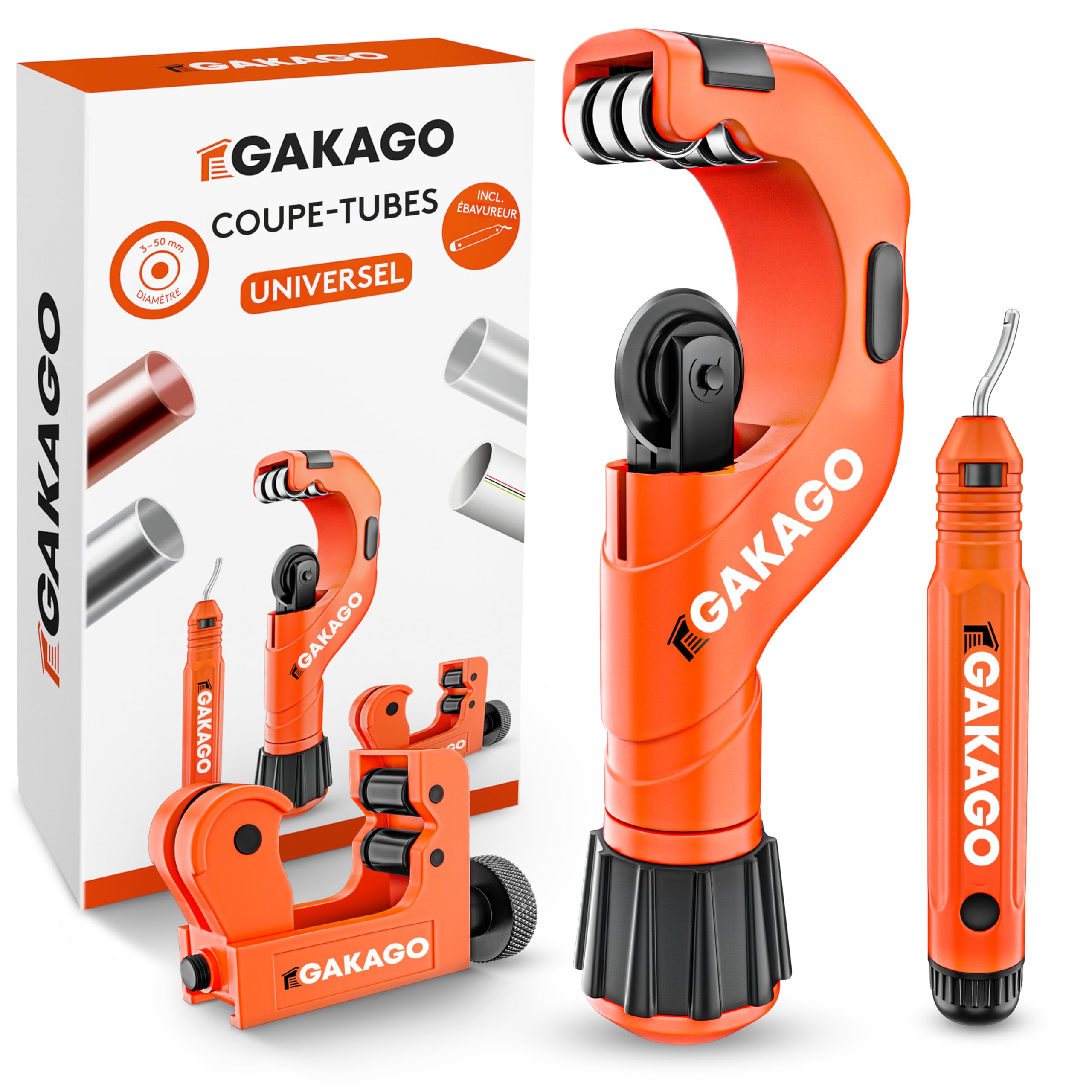 Gakago Coupe-tubes 3-50mm avec ébavureur - coupe-tubes polyvalent pour tous les métaux courants comme l'acier inoxydable, le cuivre, l'aluminium, l'acier ou le plastique (par ex. PVC & PE)