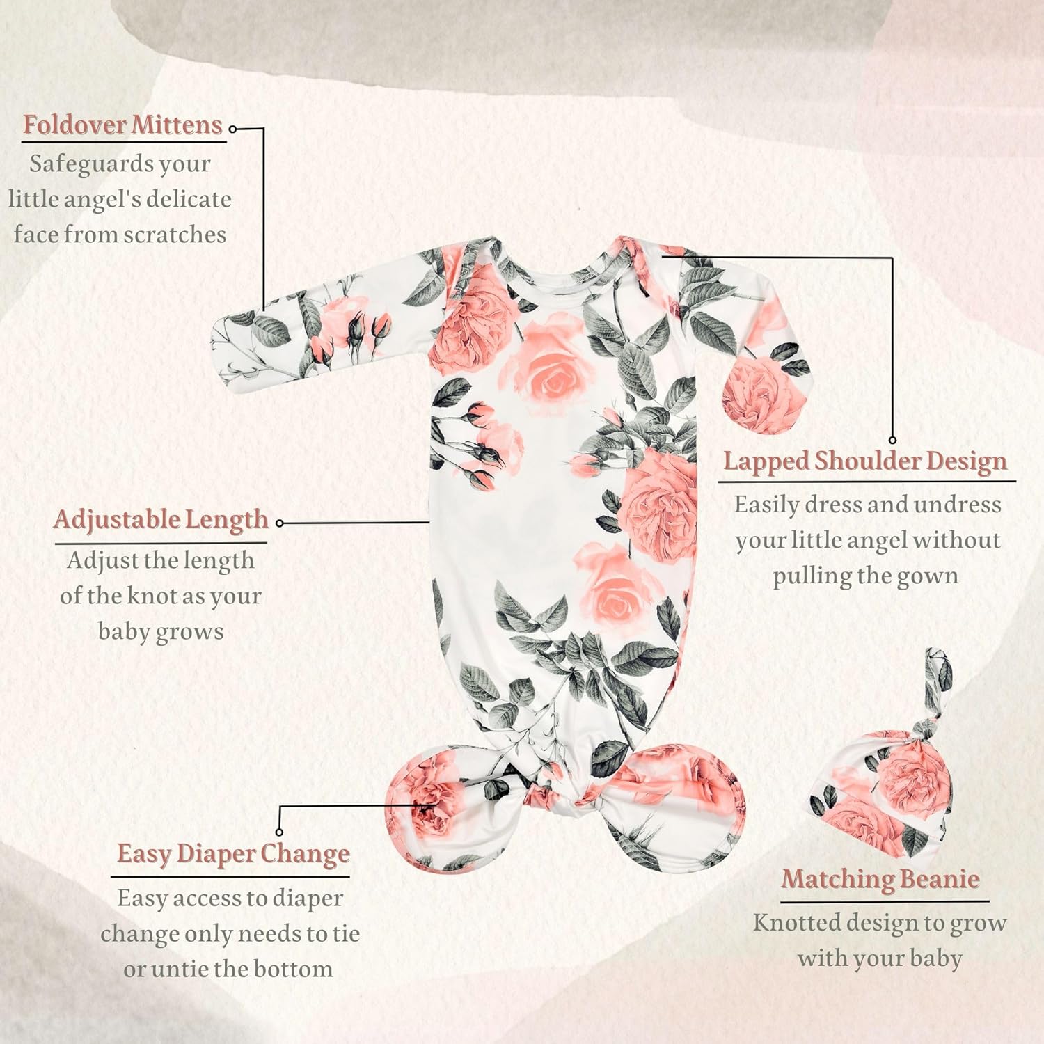 Newborn Baby Sleeper Gown - Knotted Nightgown Coming Home Outfits for Baby Girl - 2-Piece Set With Hat - Image 8