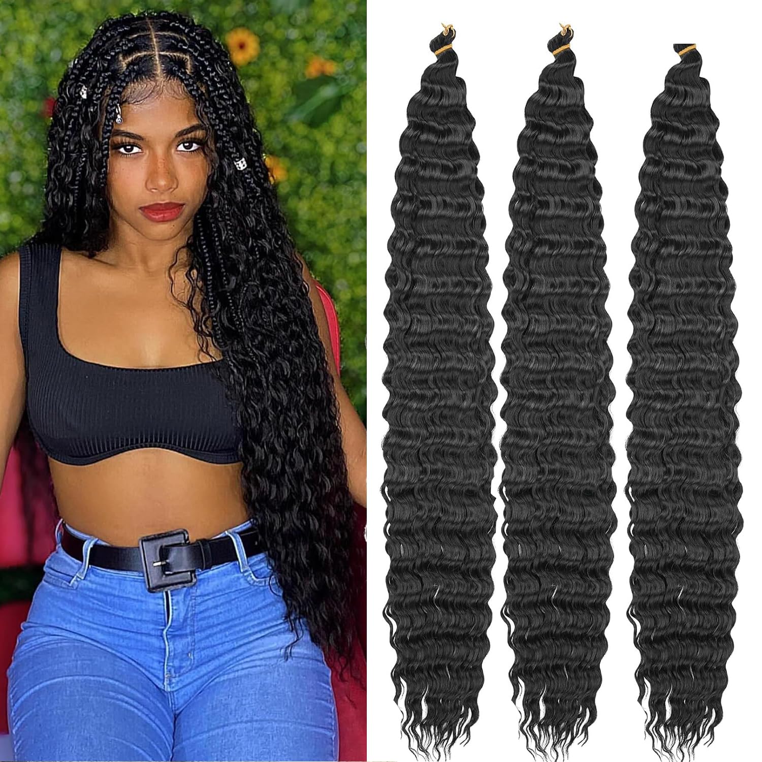 Deep Wave Crochet Hair for Women - Pre-Stretched Ocean Wave Braiding Hair 30 Inch Pack of 3 for Goddess Box Braids