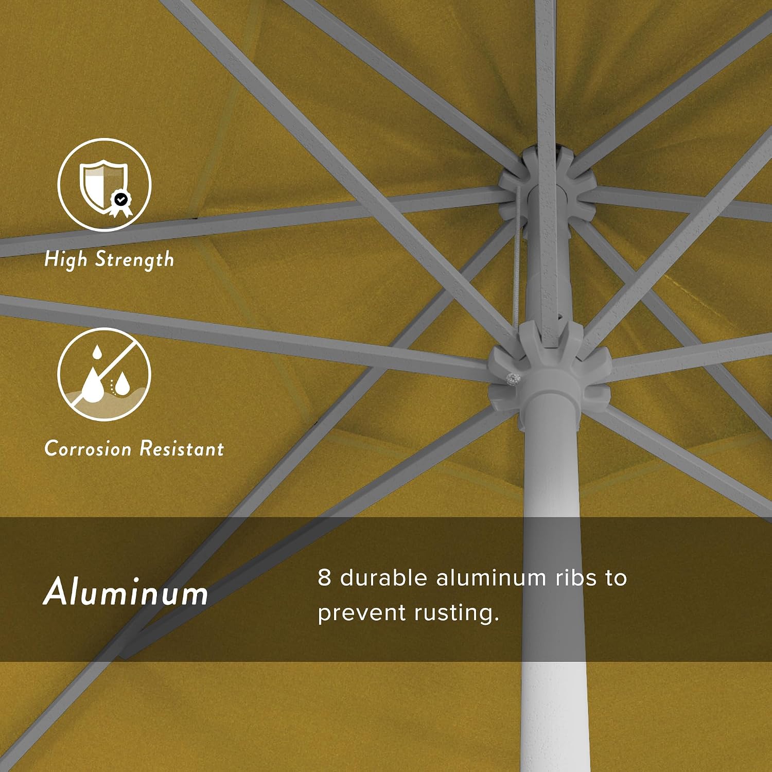 California Umbrella 7.5' Rd Aluminum Patio Umbrella, Crank Lift, Auto Tilt, White Finish, Sunbrella Sunflower Yellow