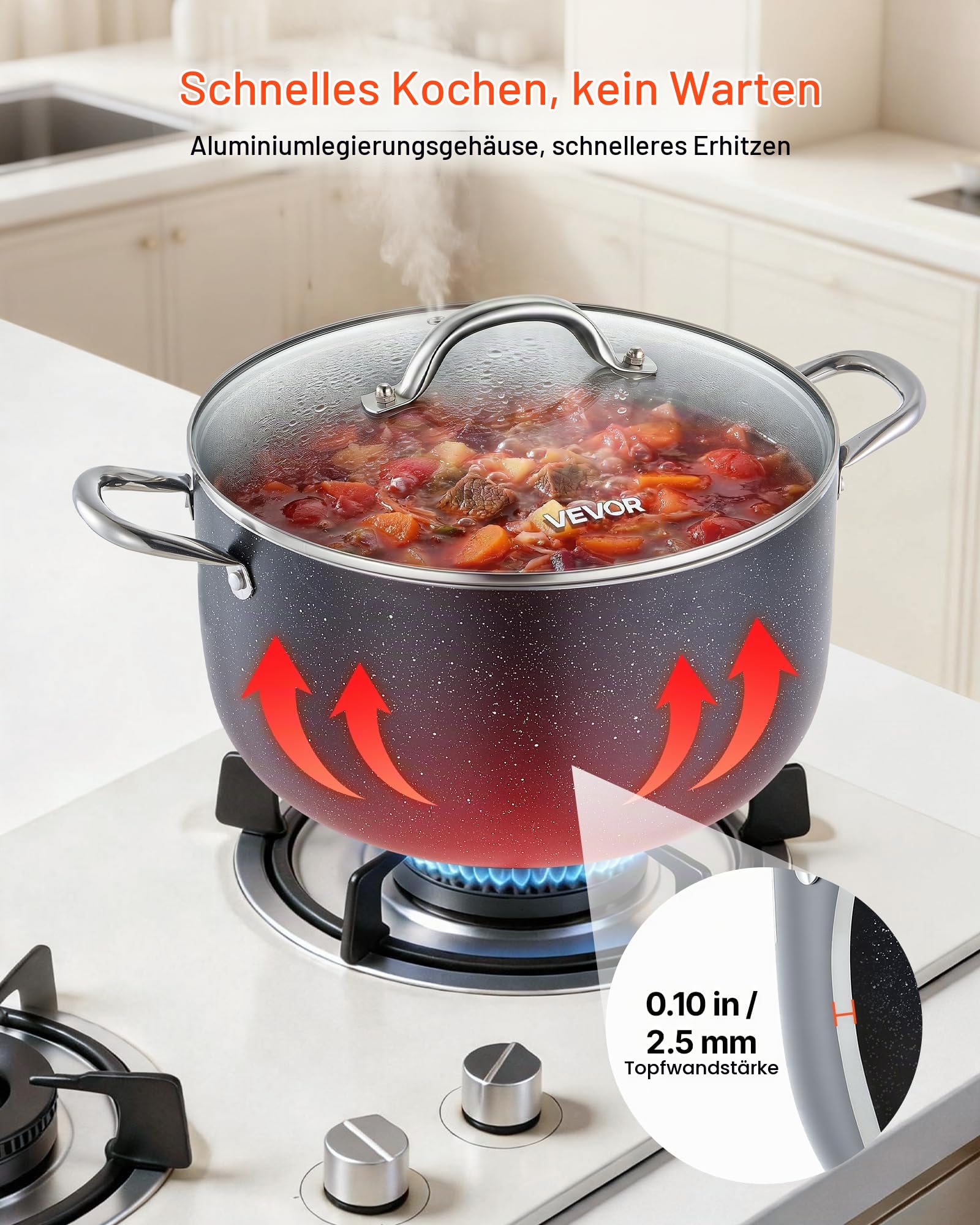 VEVOR Suppentopf aus Aluminium 11,4 L Antihaftbeschichtet Kochtopf mit Glasdeckel, PFOA- und PFAS-frei, Kompatibel mit Gasherden Induktionsherden Elektroherden, Ideal für Suppen Eintöpfe und Pasta