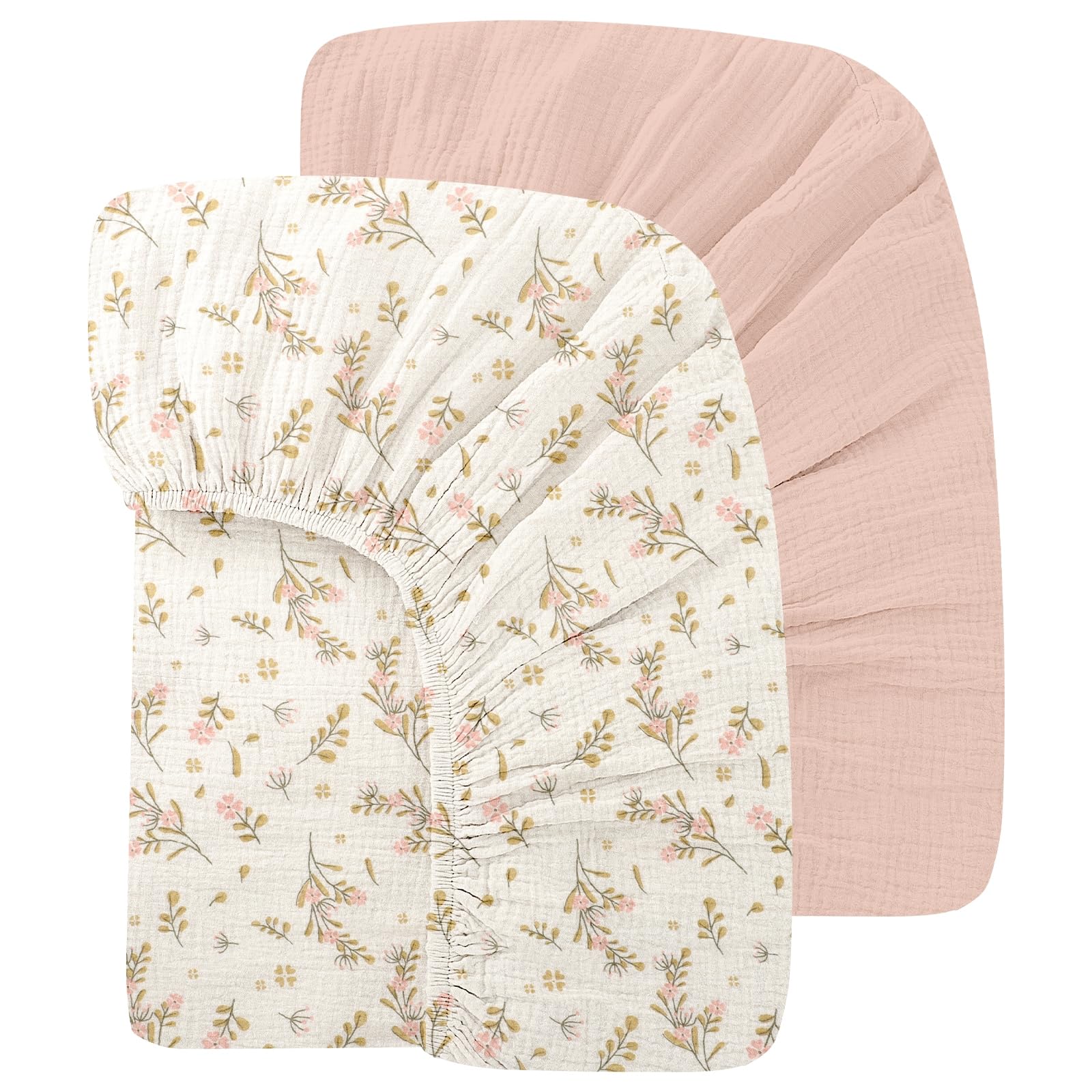 Photo 1 of 100% Organic Cotton Baby Crib Sheets Muslin 52x28 Inches 2 Pack Soft Fitted Crib Mattress Sheet for Baby Girls, Boho Toddler Bed Sheets Fits Well Standard Size Crib Mattress 28x52 Inches Floral & Pink