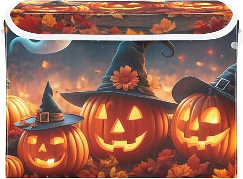 Pumpkin Spirits Lidded Storage Bins with Handles - 16.5"x12.6"x11.8" Foldable Organizing Box, Oxford Fabric & Honeycomb Board, Dust-Proof Flip Lid for Closet/Office